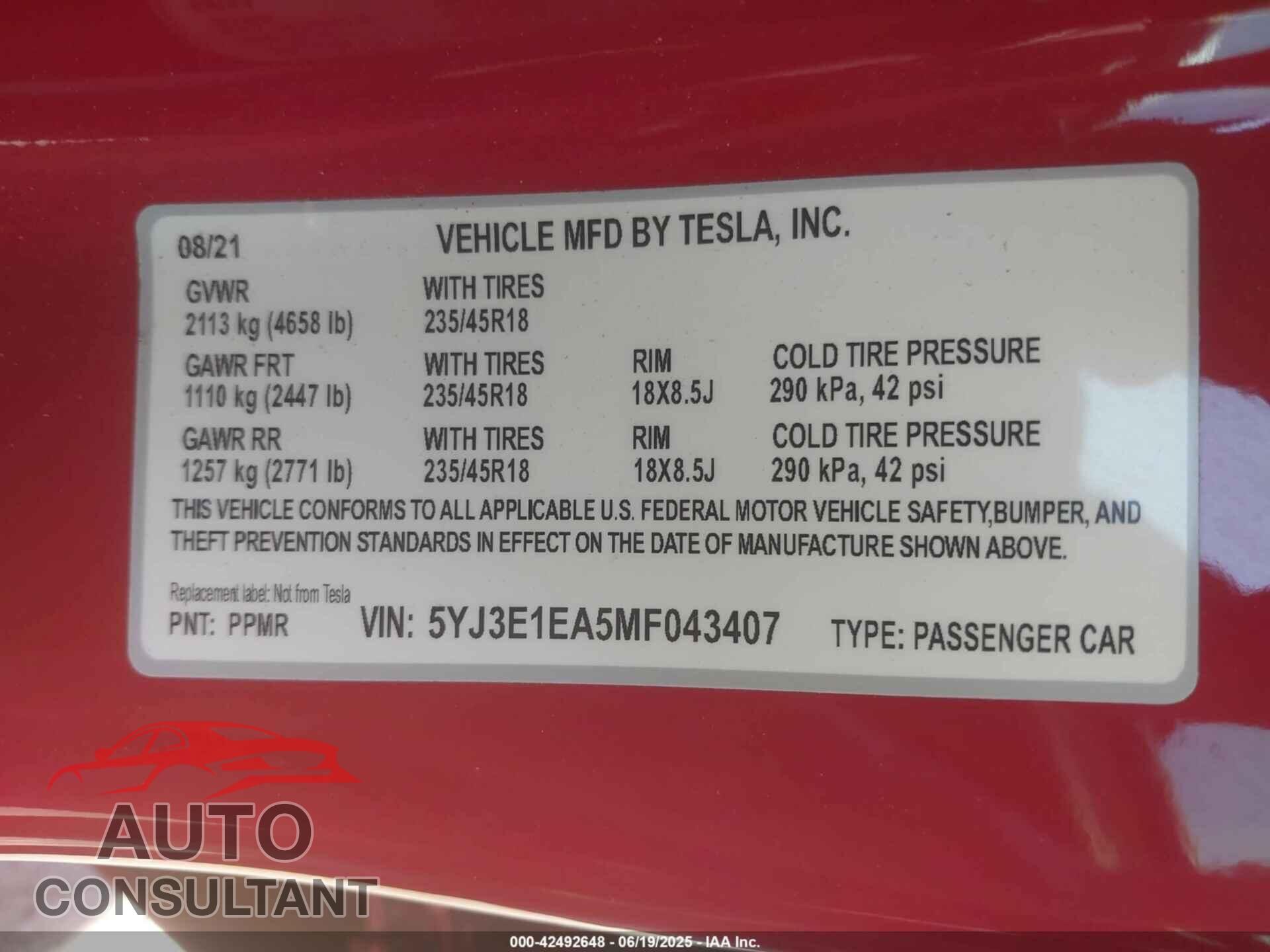 TESLA MODEL 3 2021 - 5YJ3E1EA5MF043407