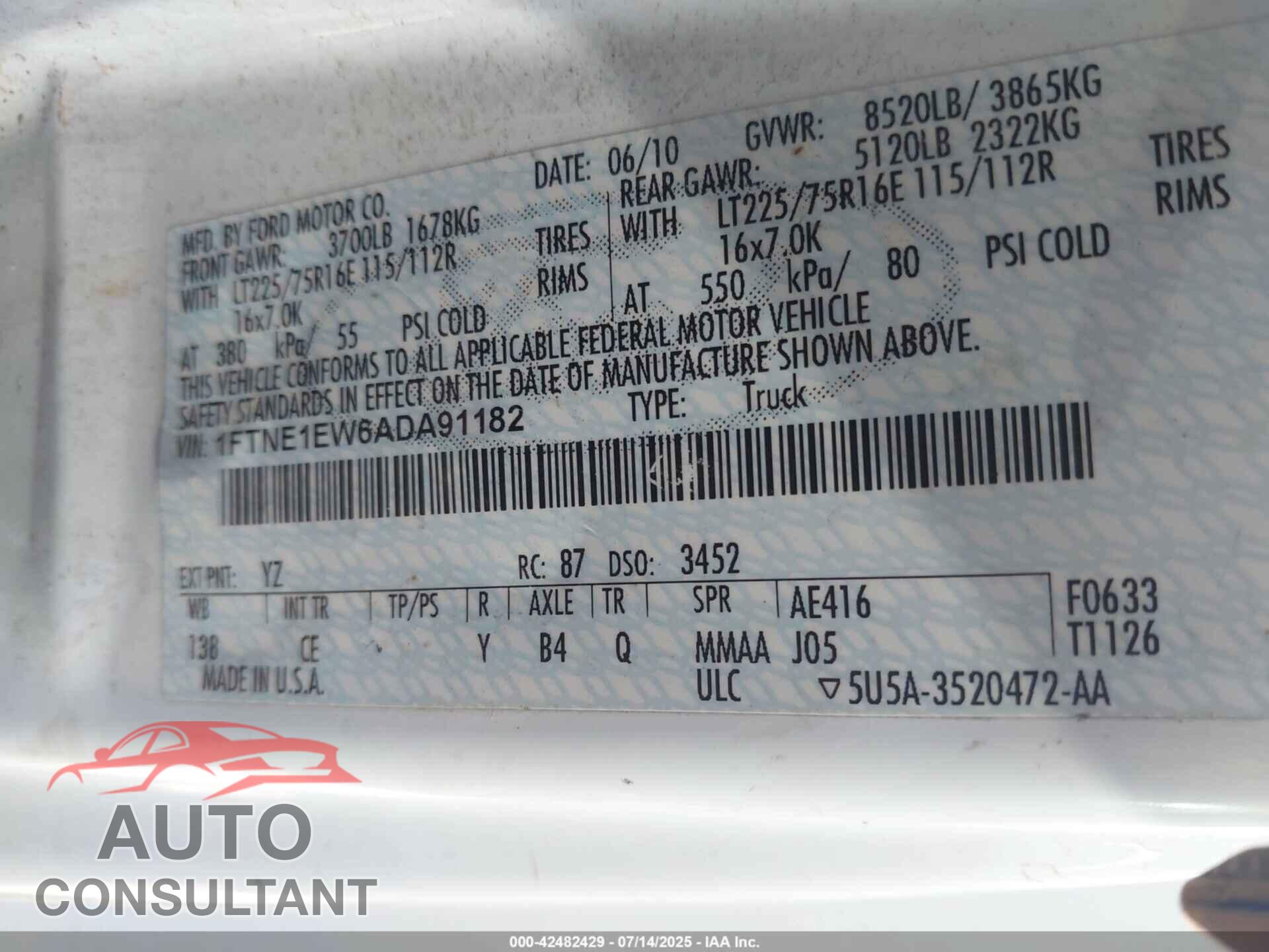 FORD E-150 2010 - 1FTNE1EW6ADA91182