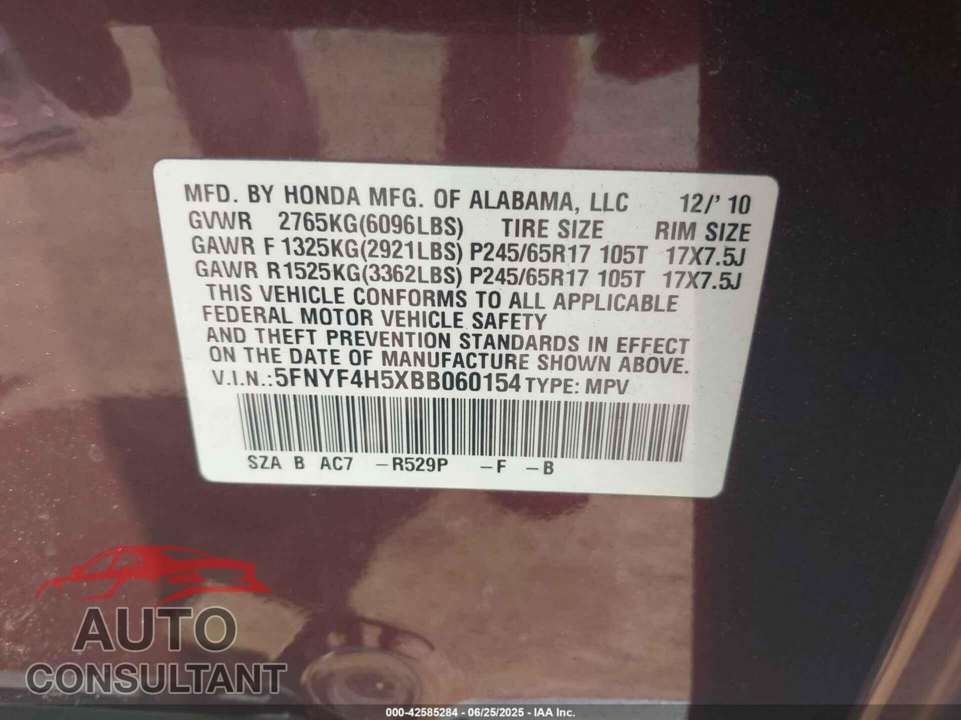 HONDA PILOT 2011 - 5FNYF4H5XBB060154