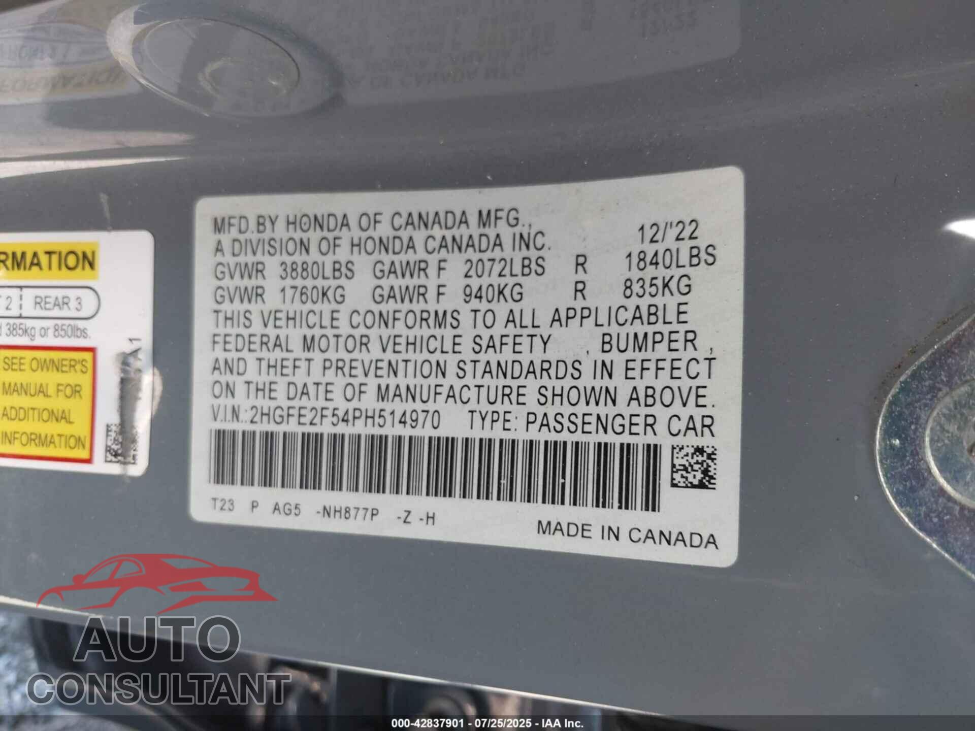 HONDA CIVIC 2023 - 2HGFE2F54PH514970