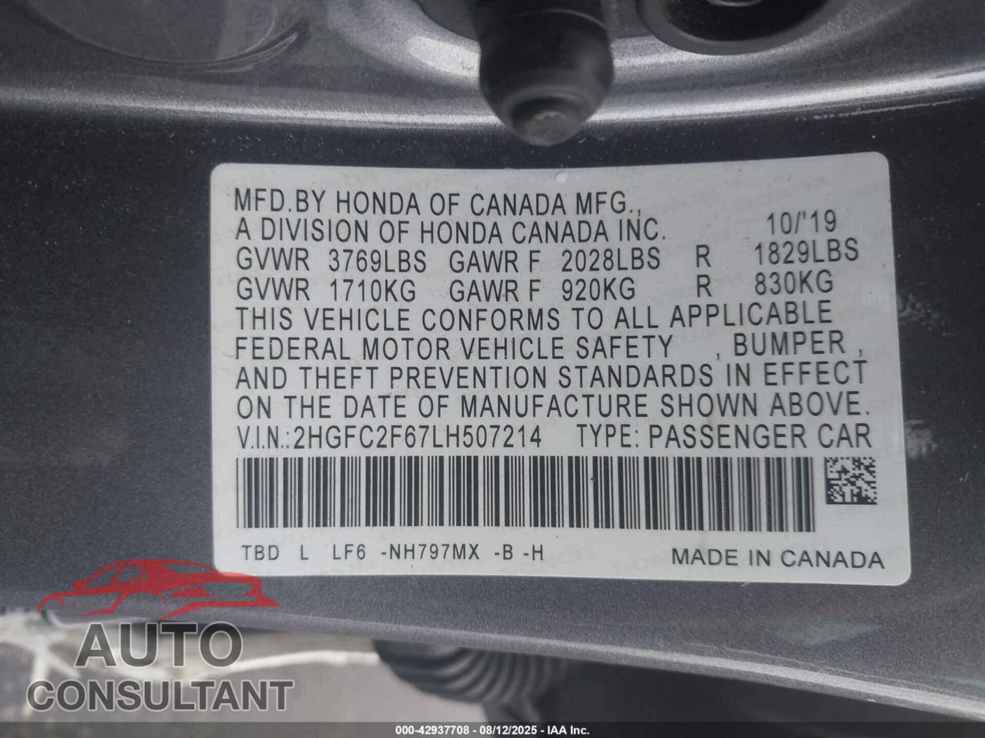 HONDA CIVIC 2020 - 2HGFC2F67LH507214