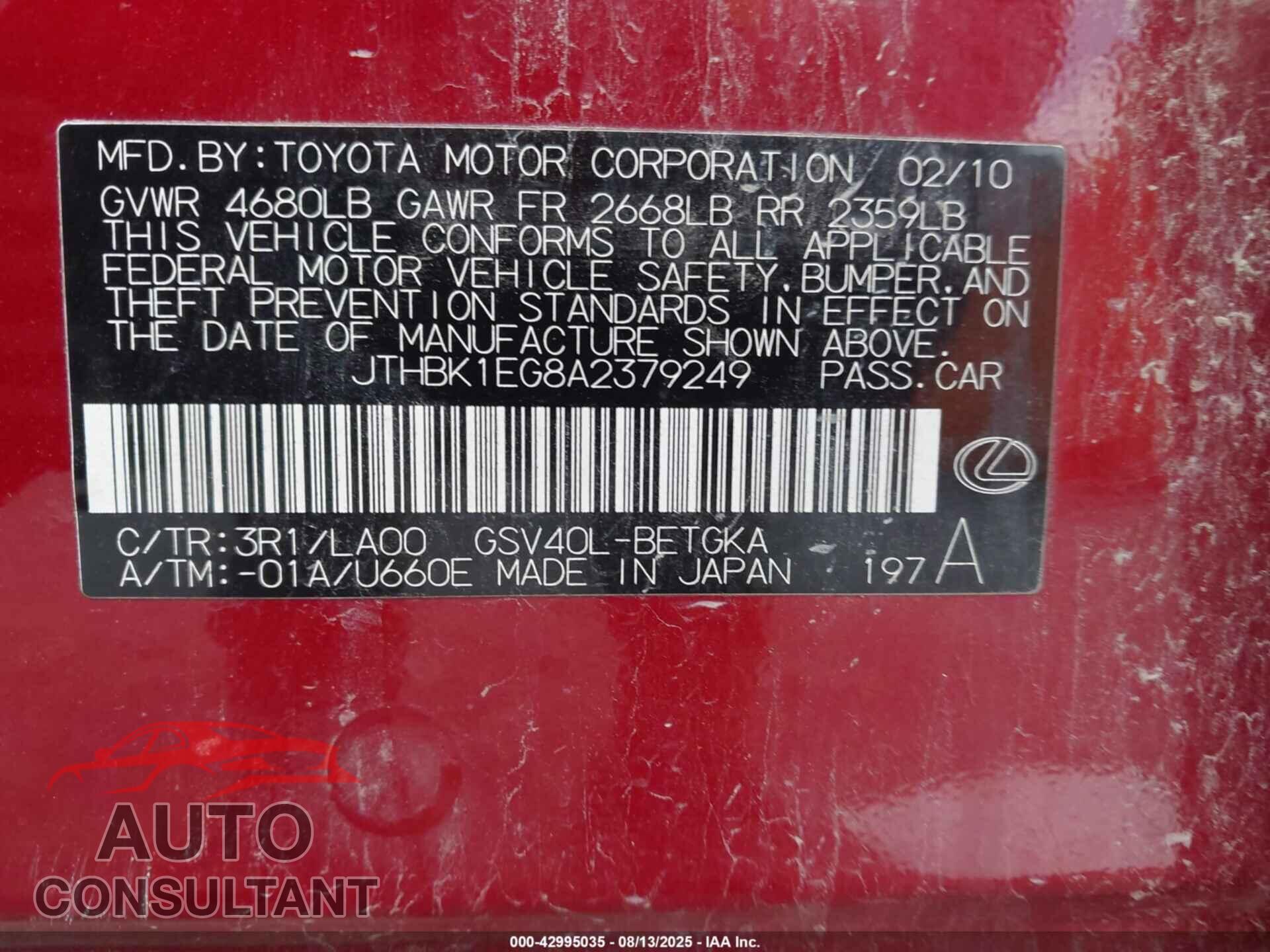 LEXUS ES 2010 - JTHBK1EG8A2379249