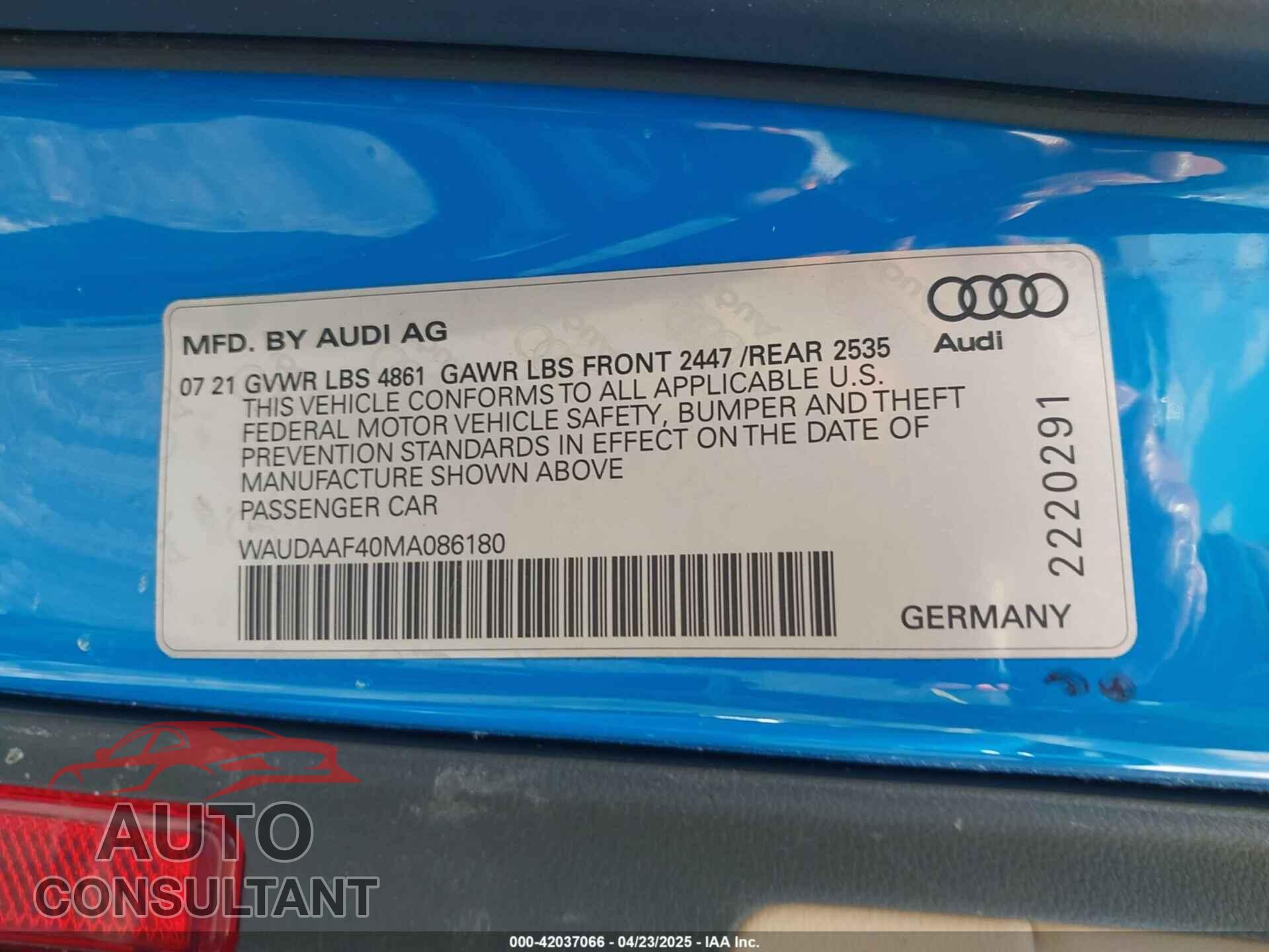 AUDI A4 2021 - WAUDAAF40MA086180