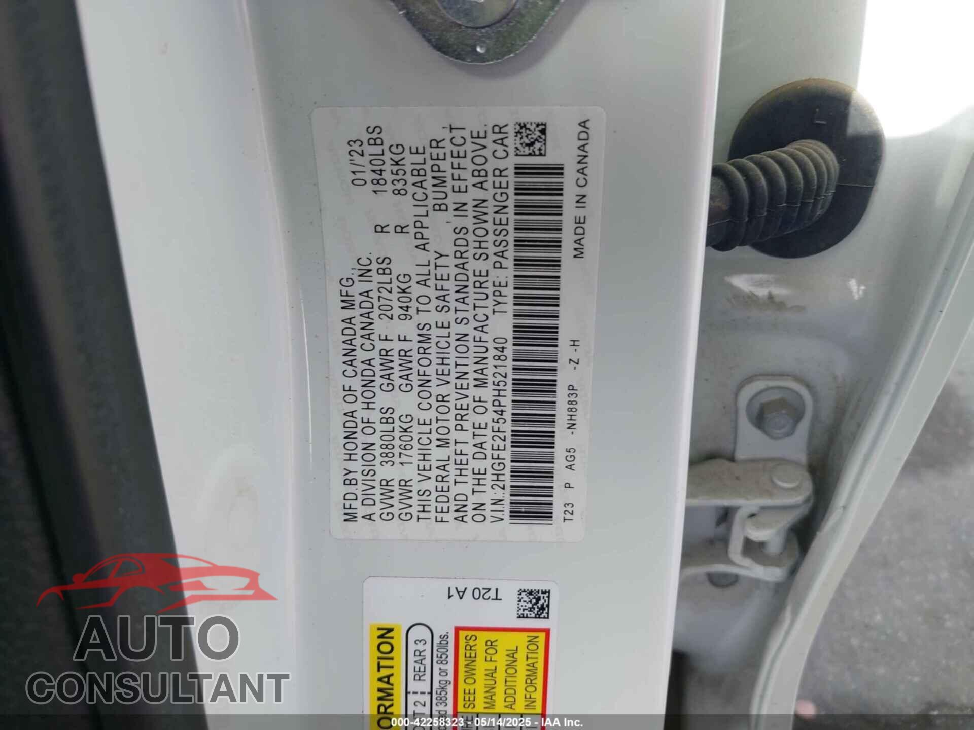 HONDA CIVIC 2023 - 2HGFE2F54PH521840