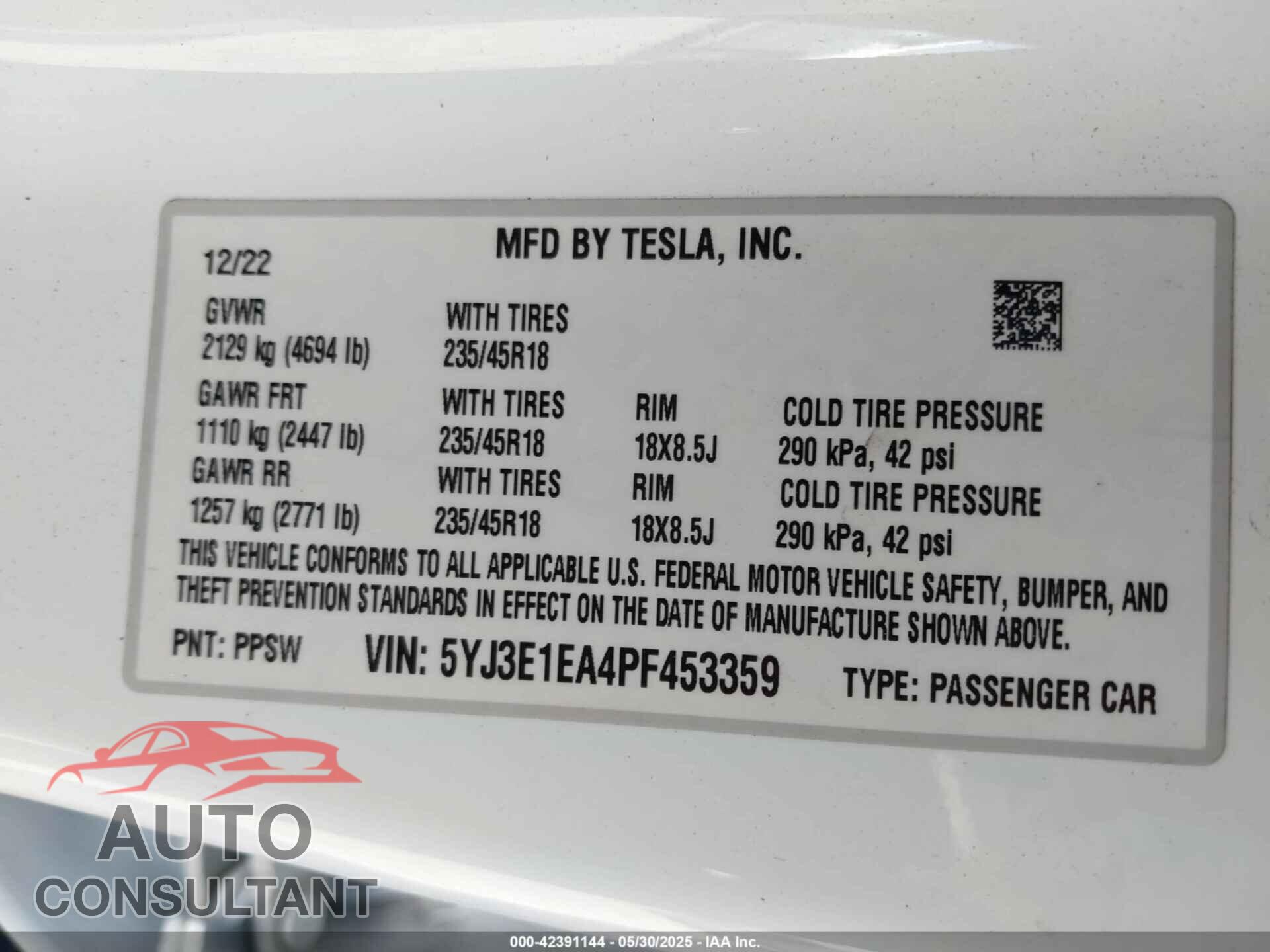 TESLA MODEL 3 2023 - 5YJ3E1EA4PF453359