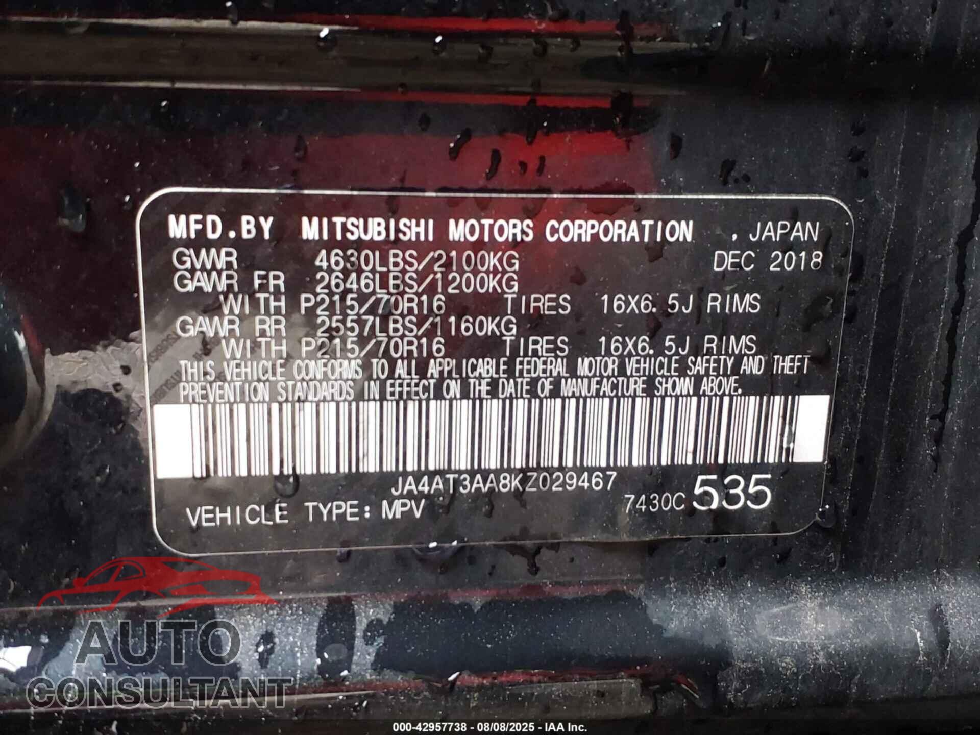 MITSUBISHI ECLIPSE CROSS 2019 - JA4AT3AA8KZ029467