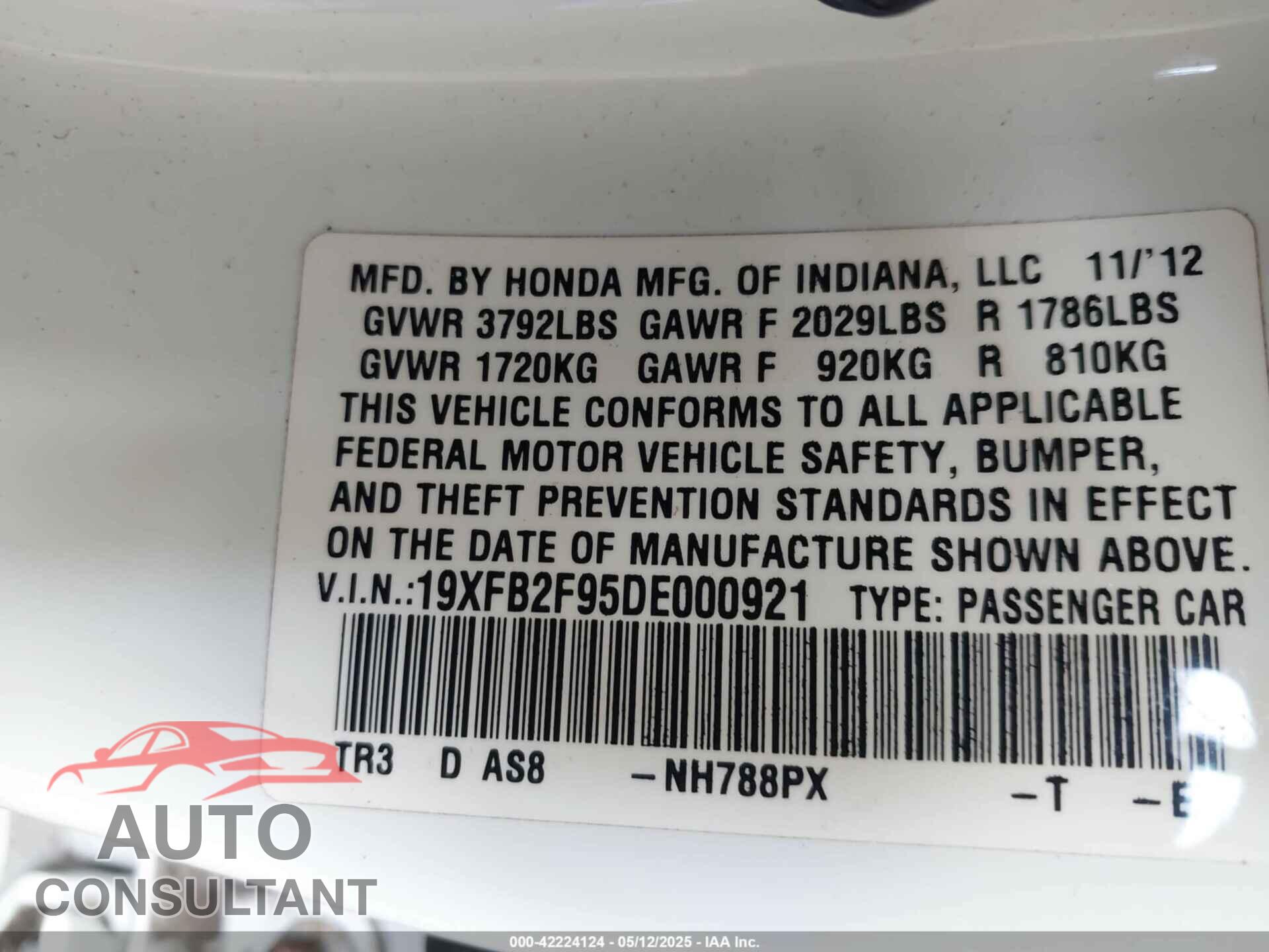 HONDA CIVIC 2013 - 19XFB2F95DE000921