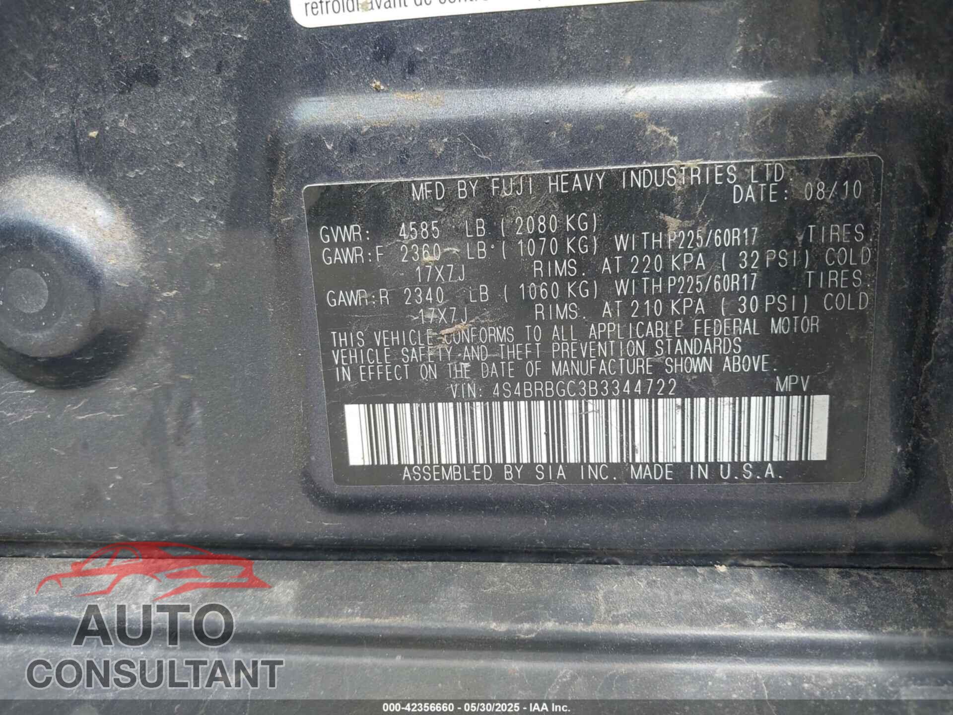 SUBARU OUTBACK 2011 - 4S4BRBGC3B3344722