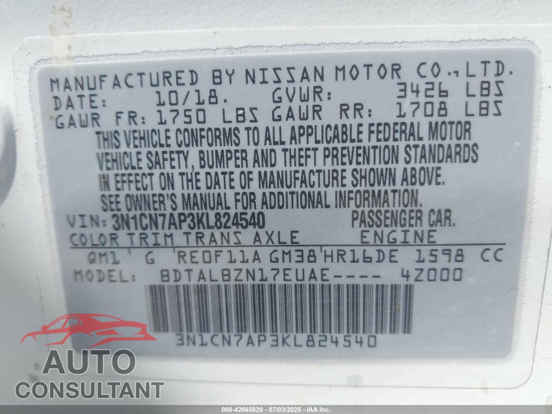 NISSAN VERSA 2019 - 3N1CN7AP3KL824540