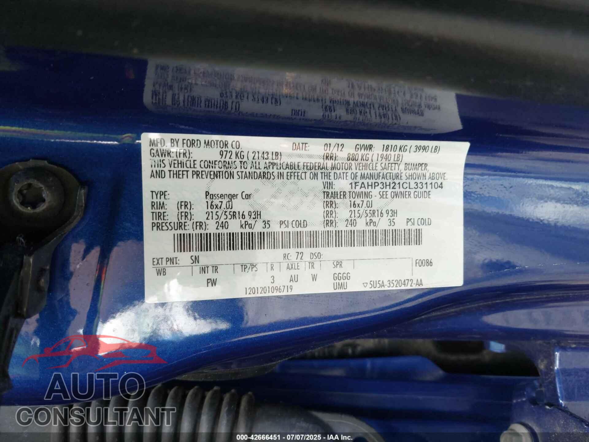 FORD FOCUS 2012 - 1FAHP3H21CL331104