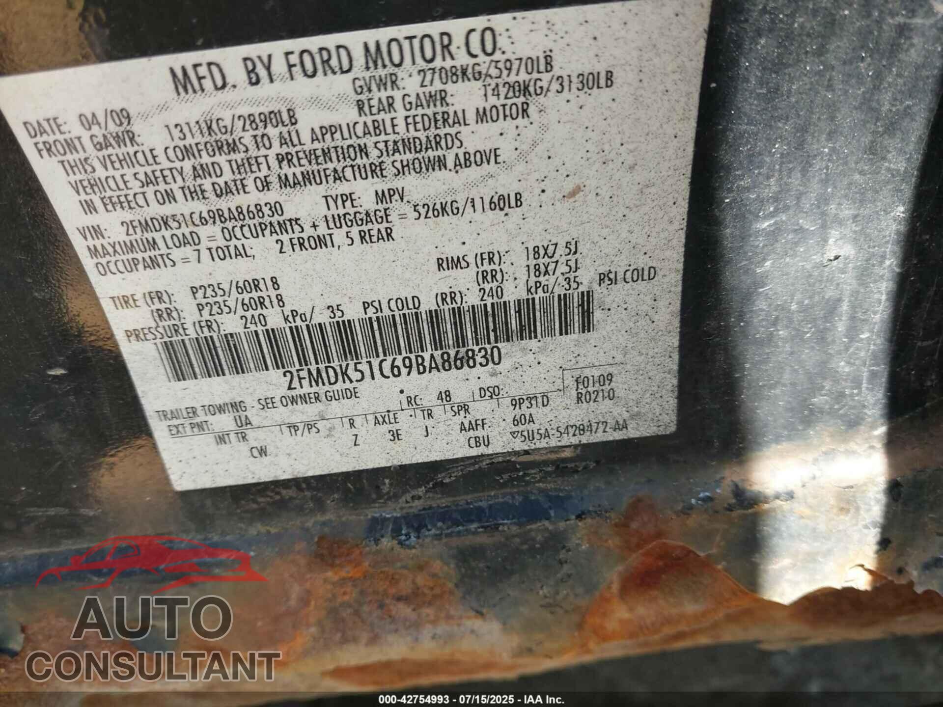 FORD FLEX 2009 - 2FMDK51C69BA86830