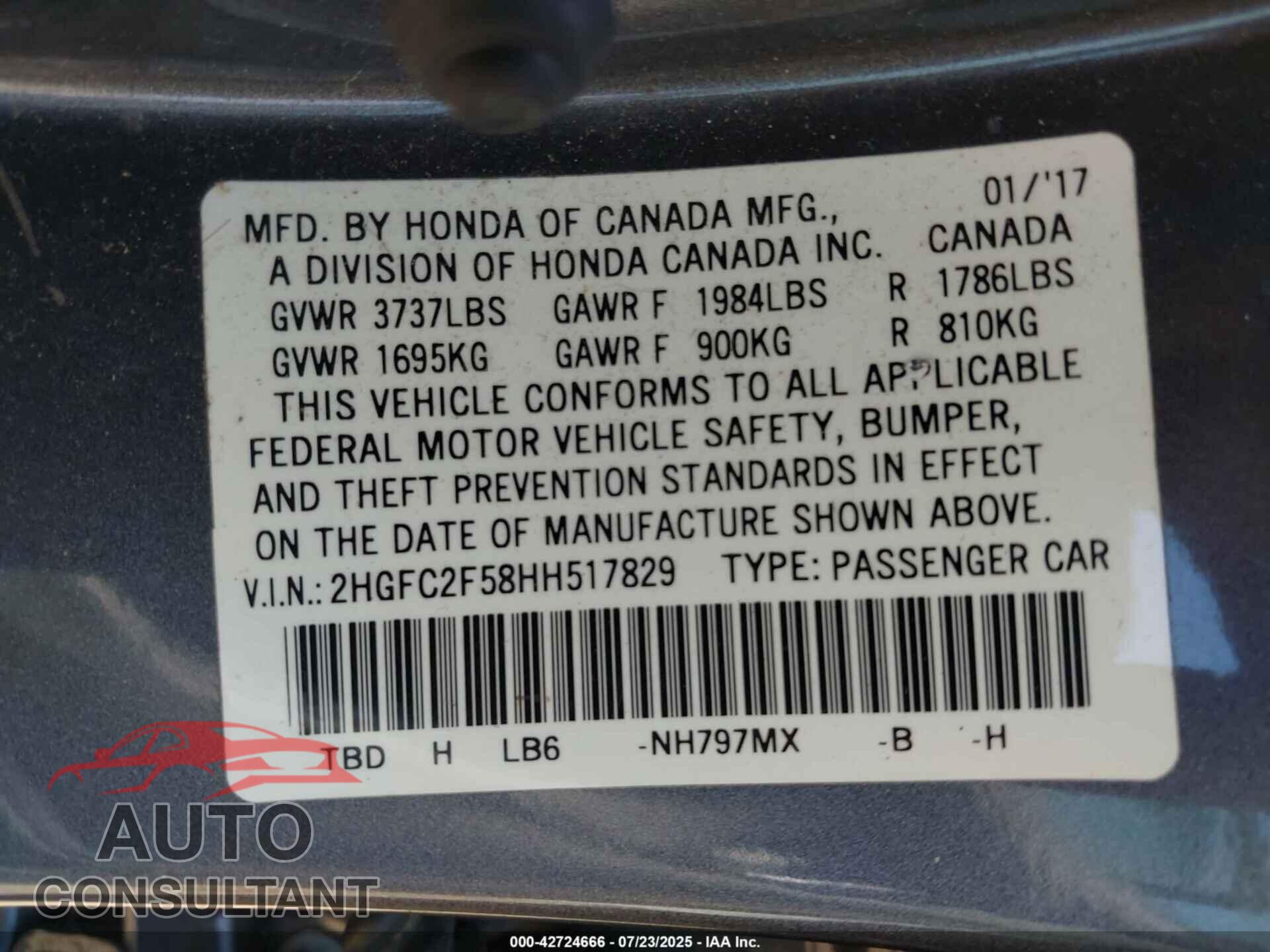 HONDA CIVIC 2017 - 2HGFC2F58HH517829