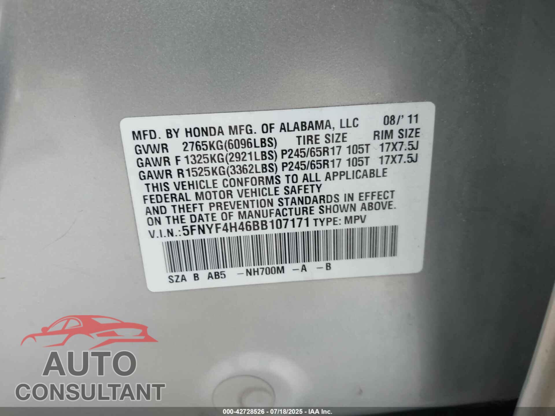 HONDA PILOT 2011 - 5FNYF4H46BB107171