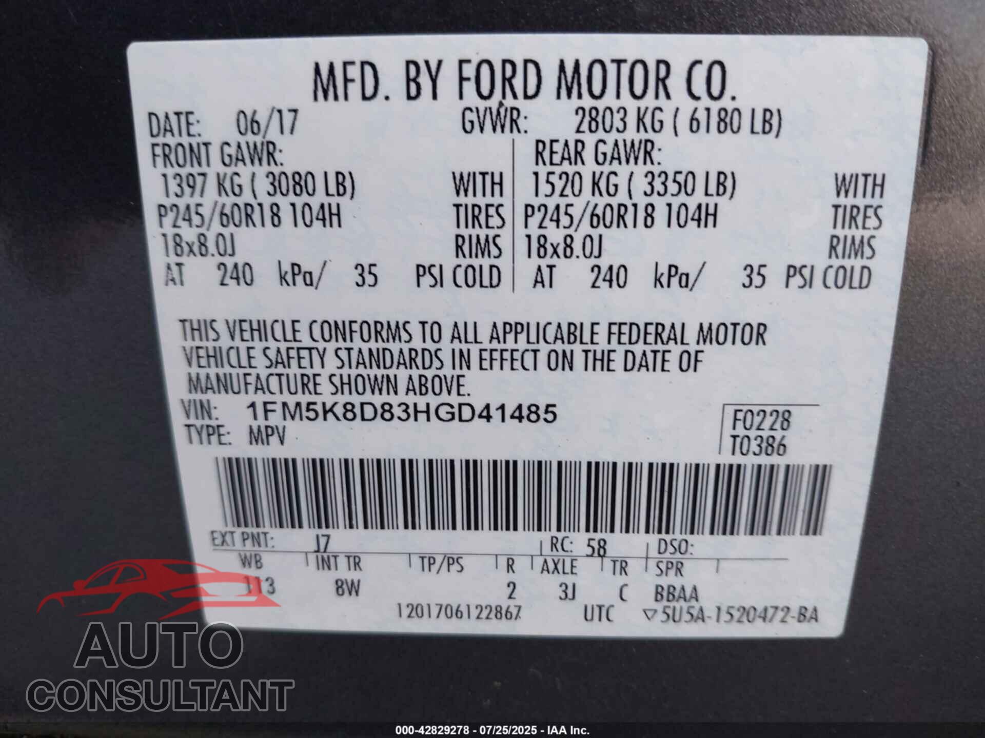 FORD EXPLORER 2017 - 1FM5K8D83HGD41485