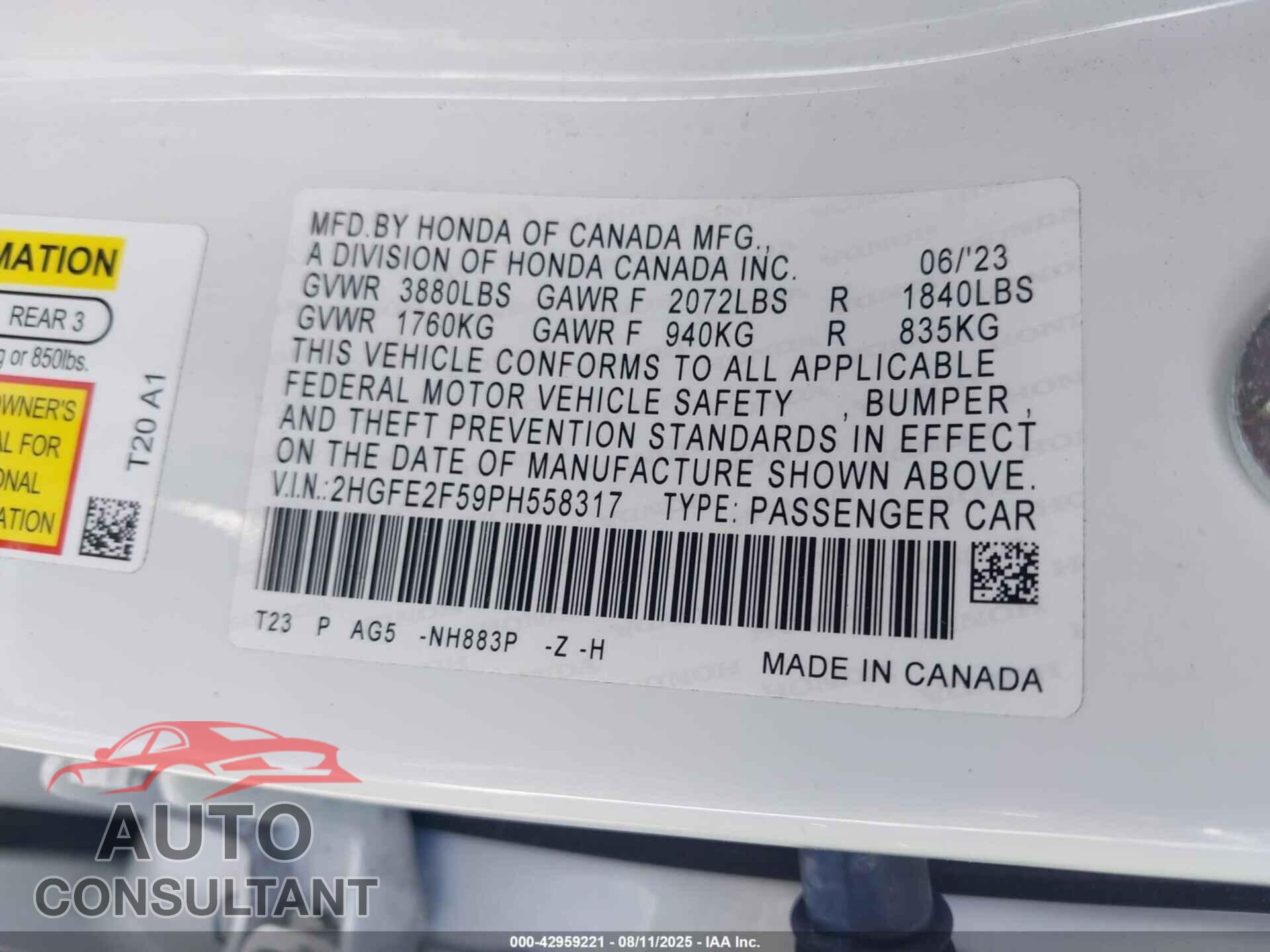 HONDA CIVIC 2023 - 2HGFE2F59PH558317