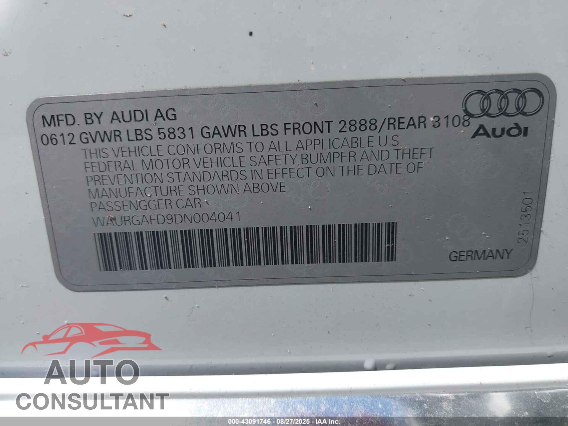 AUDI A8 L 2013 - WAURGAFD9DN004041