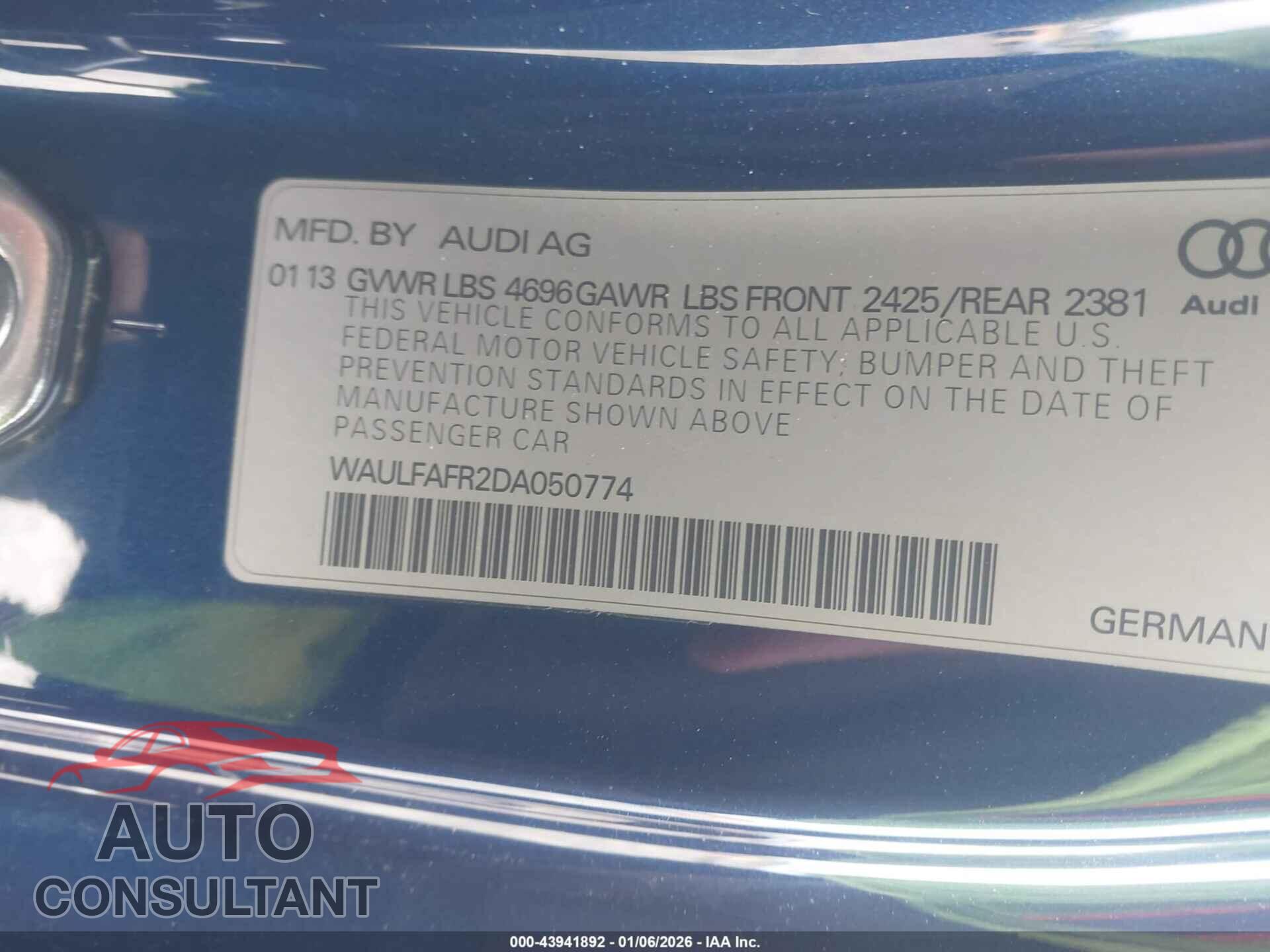 AUDI A5 2013 - WAULFAFR2DA050774