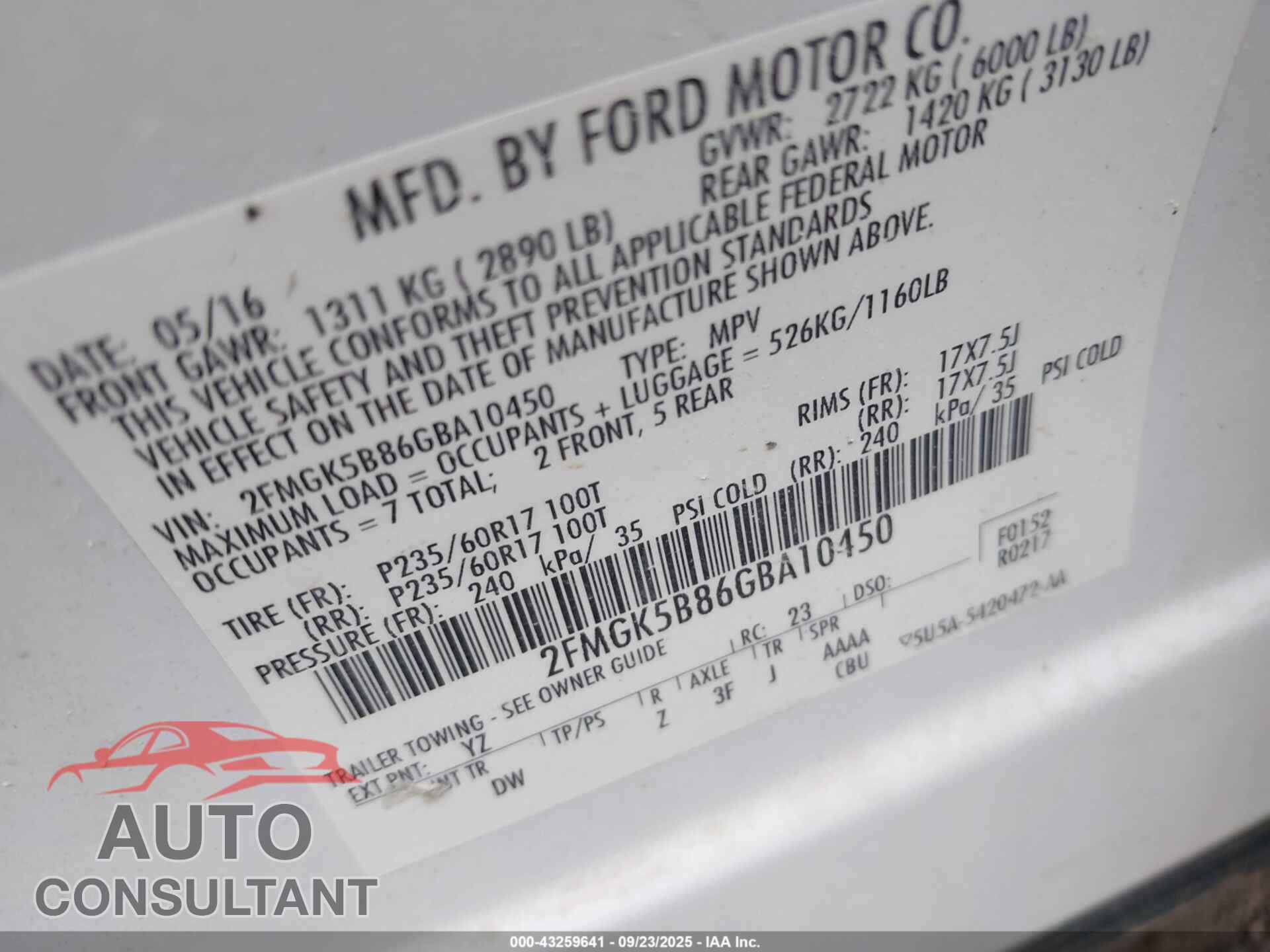 FORD FLEX 2016 - 2FMGK5B86GBA10450