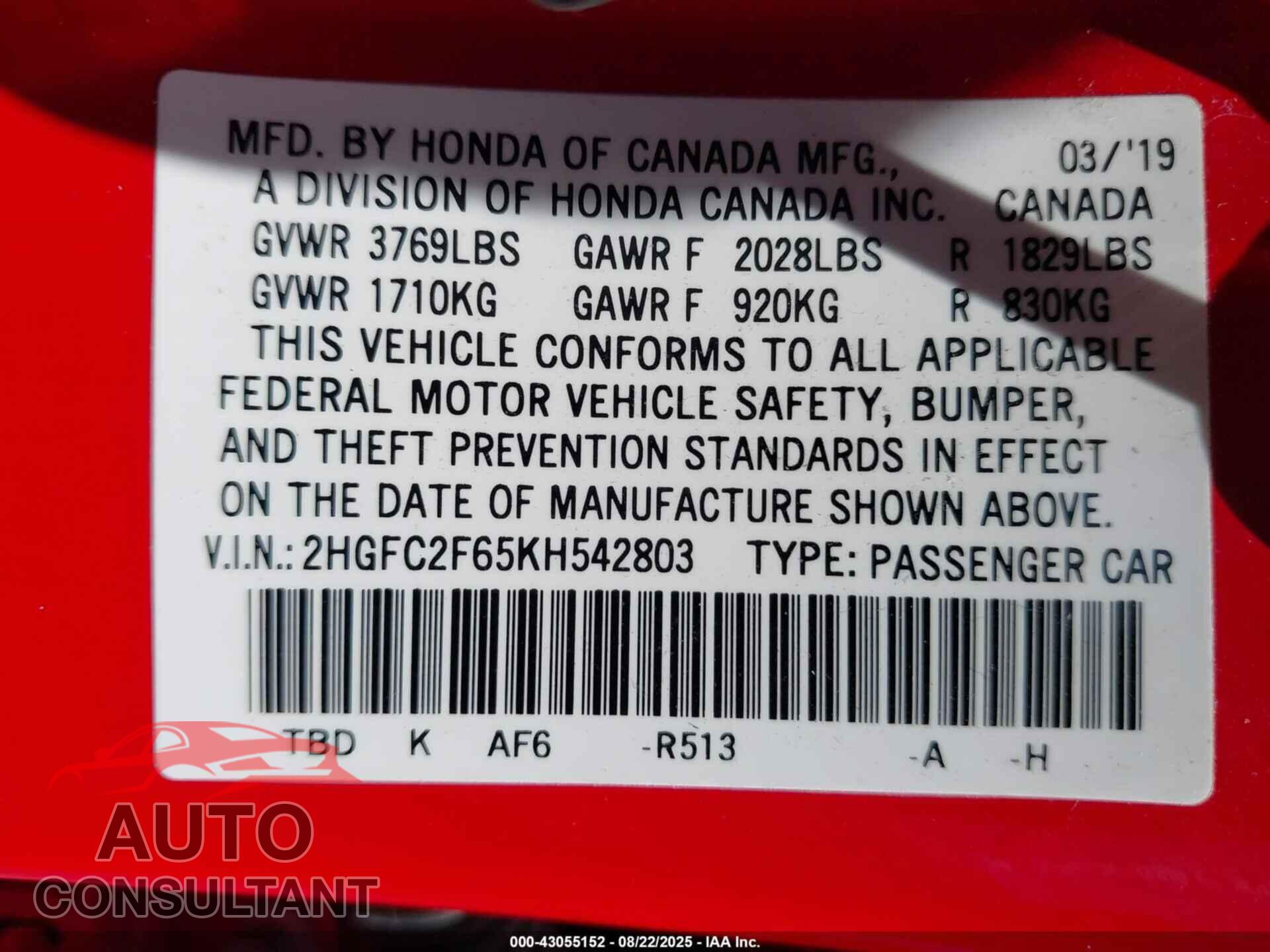 HONDA CIVIC 2019 - 2HGFC2F65KH542803
