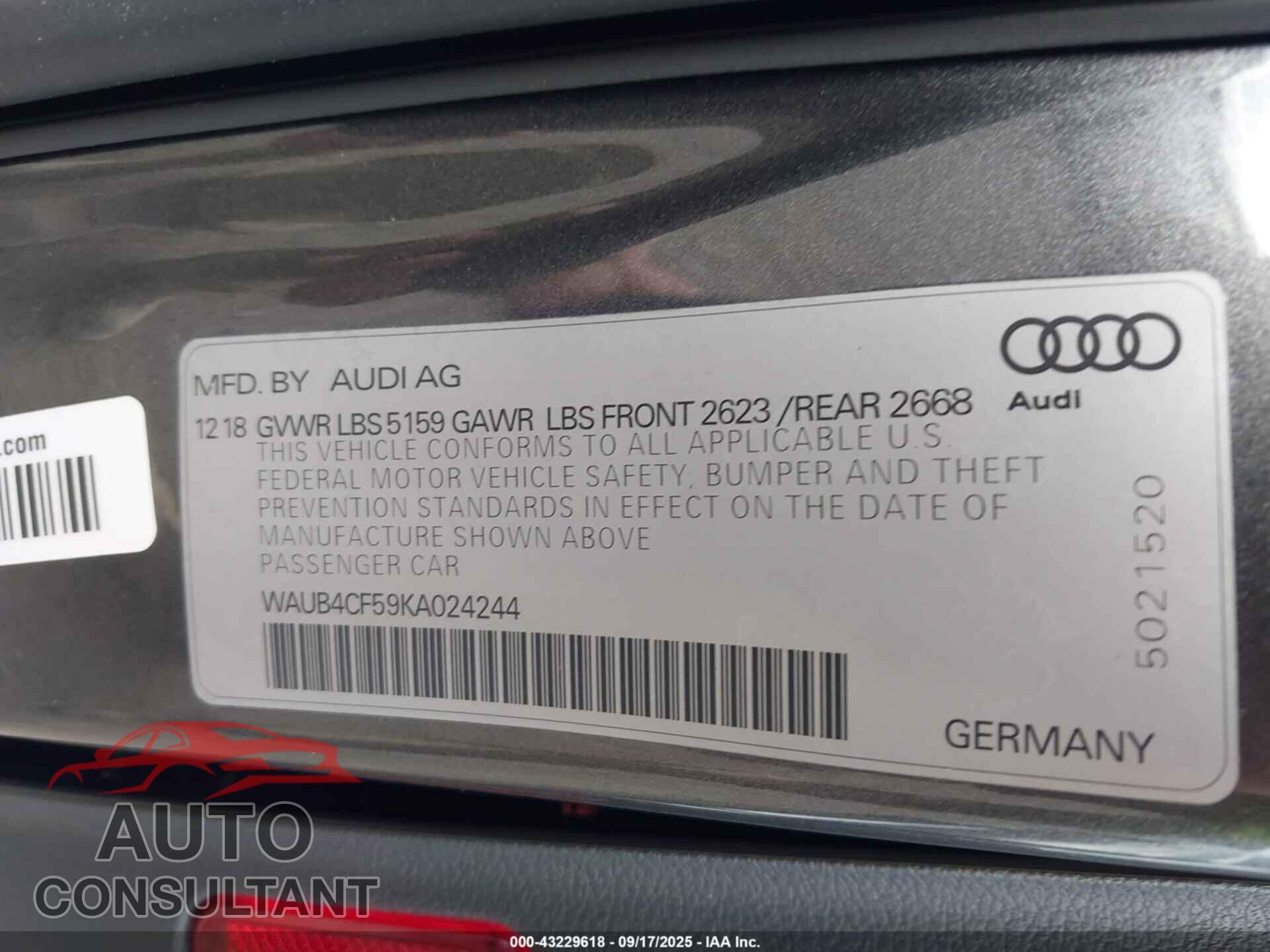 AUDI S5 2019 - WAUB4CF59KA024244