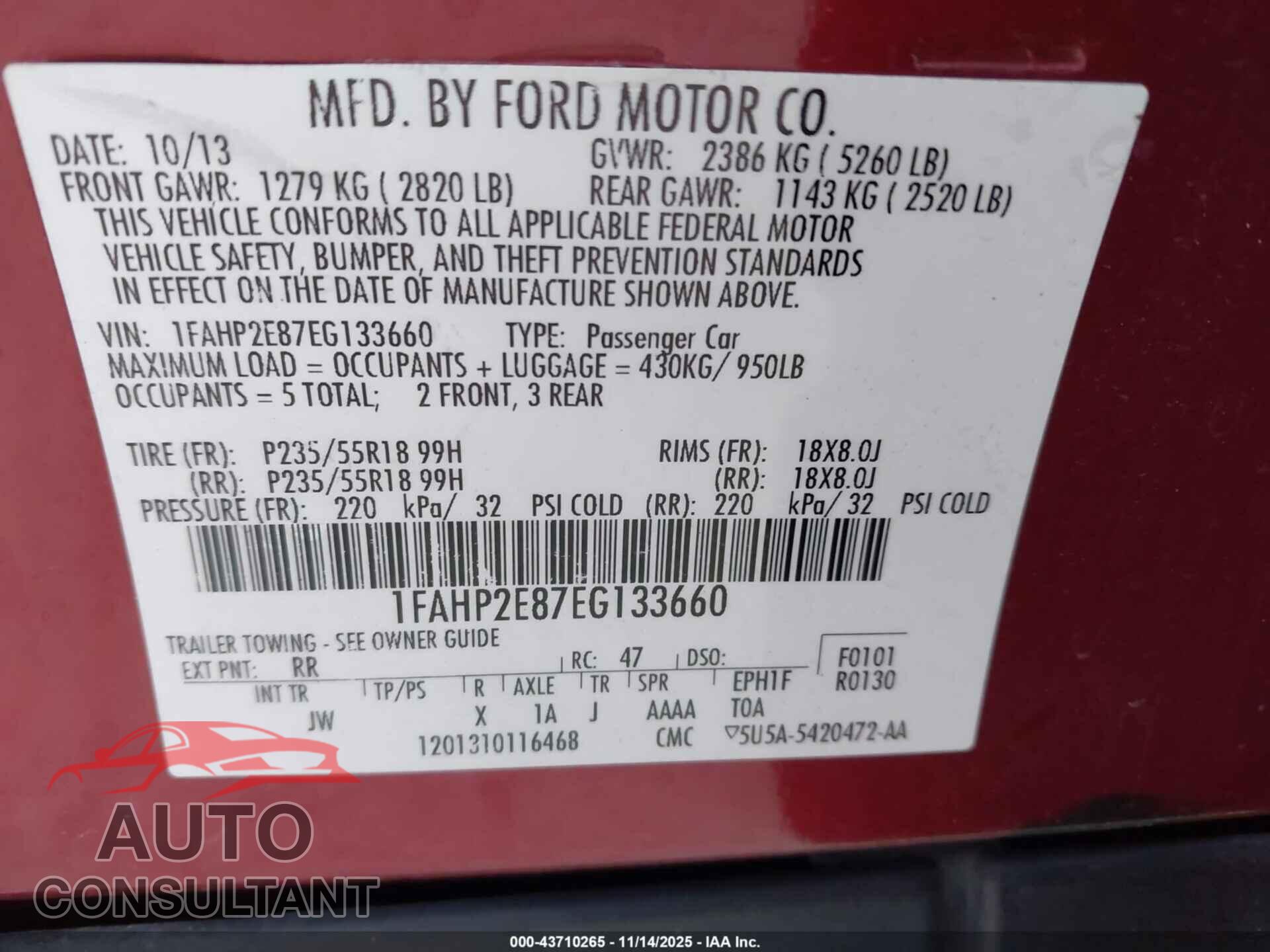 FORD TAURUS 2014 - 1FAHP2E87EG133660