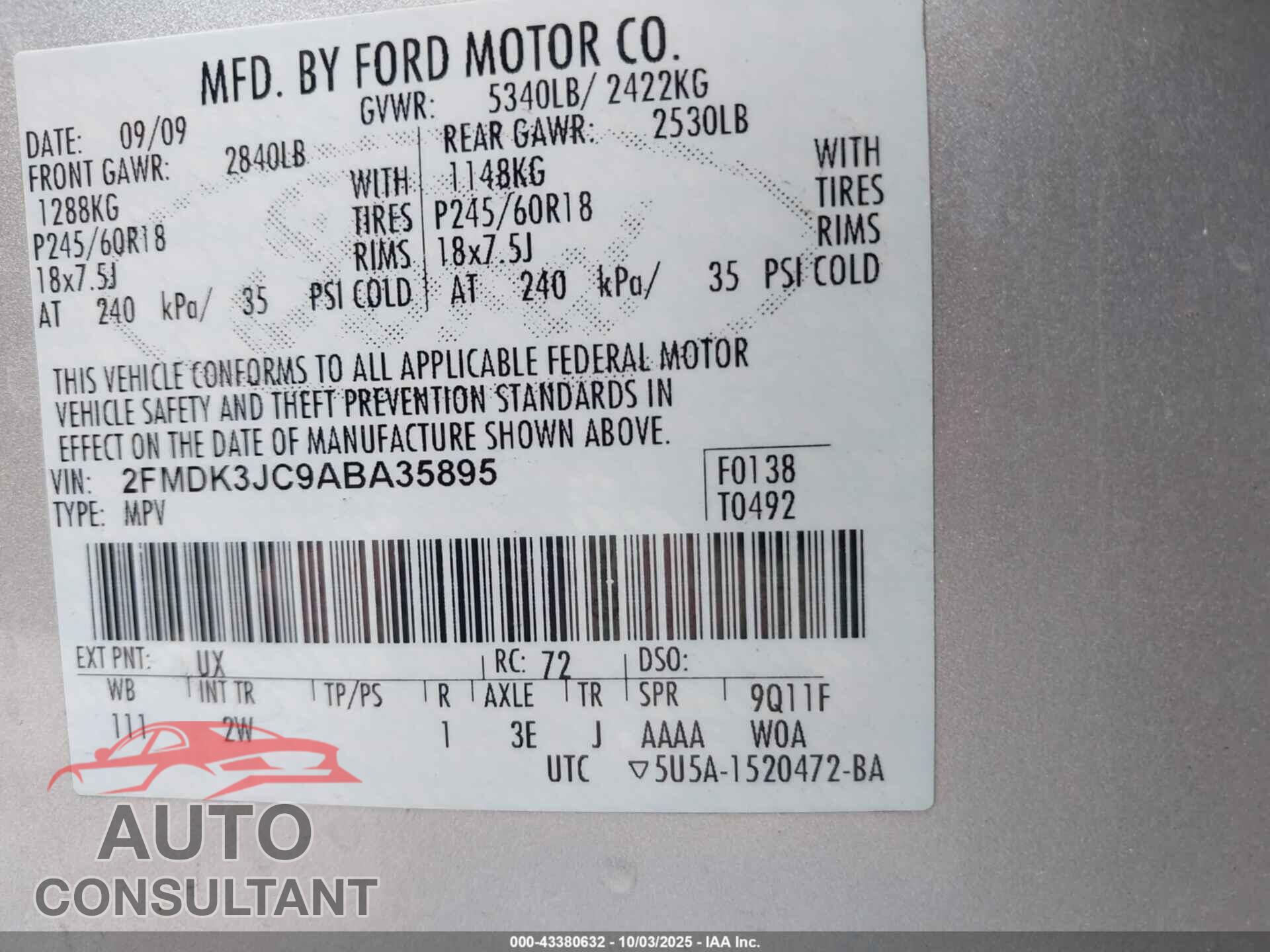 FORD EDGE 2010 - 2FMDK3JC9ABA35895