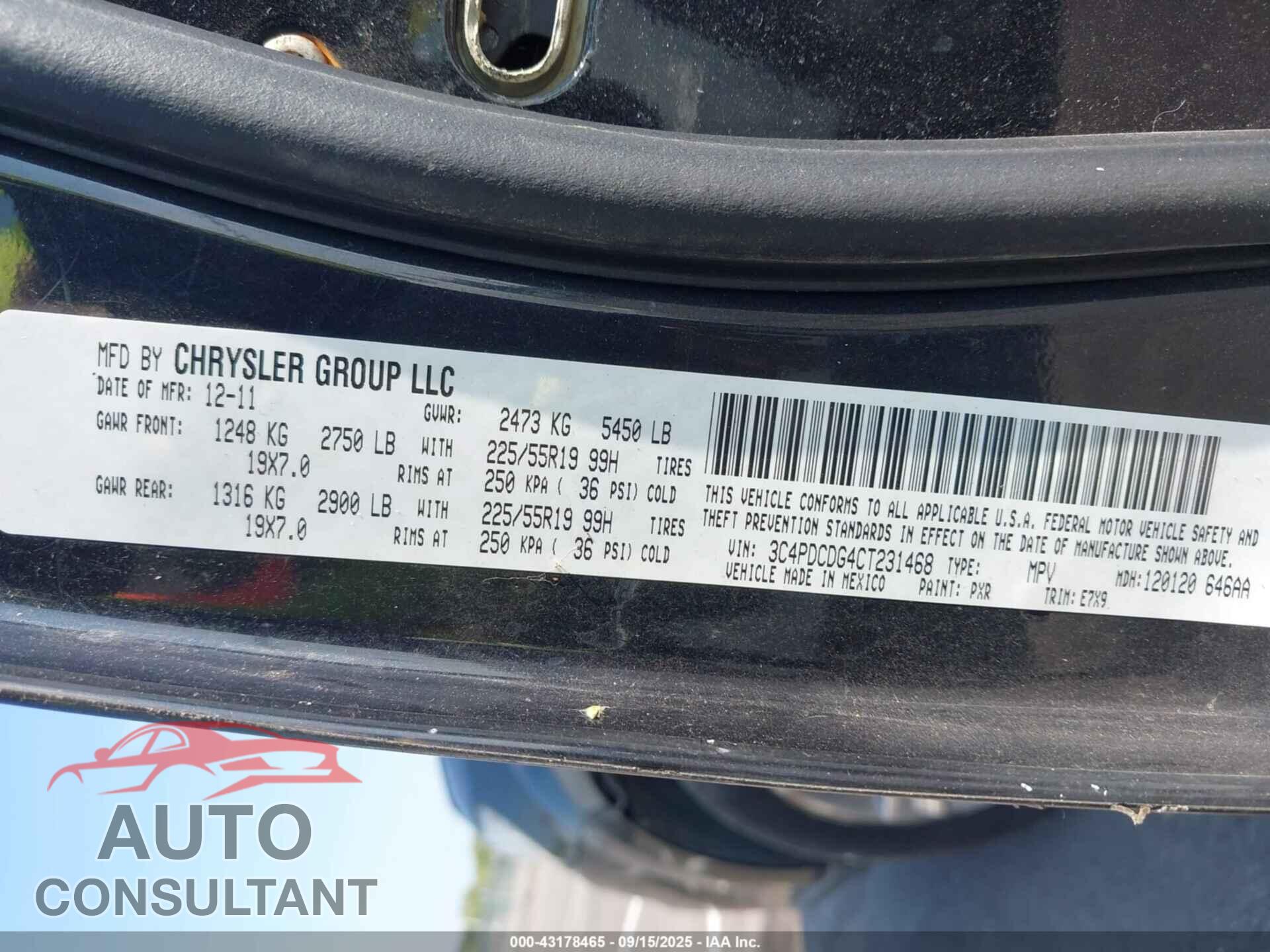 DODGE JOURNEY 2012 - 3C4PDCDG4CT231468