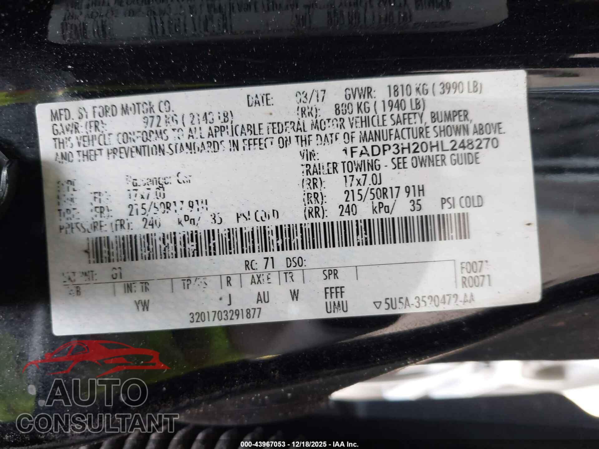 FORD FOCUS 2017 - 1FADP3H20HL248270