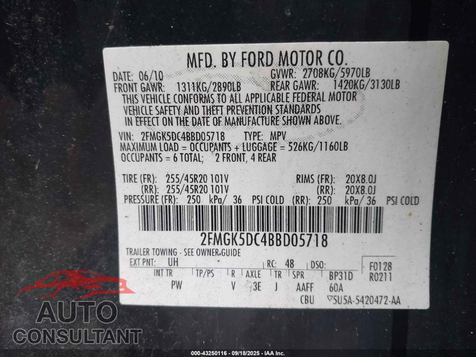 FORD FLEX 2011 - 2FMGK5DC4BBD05718