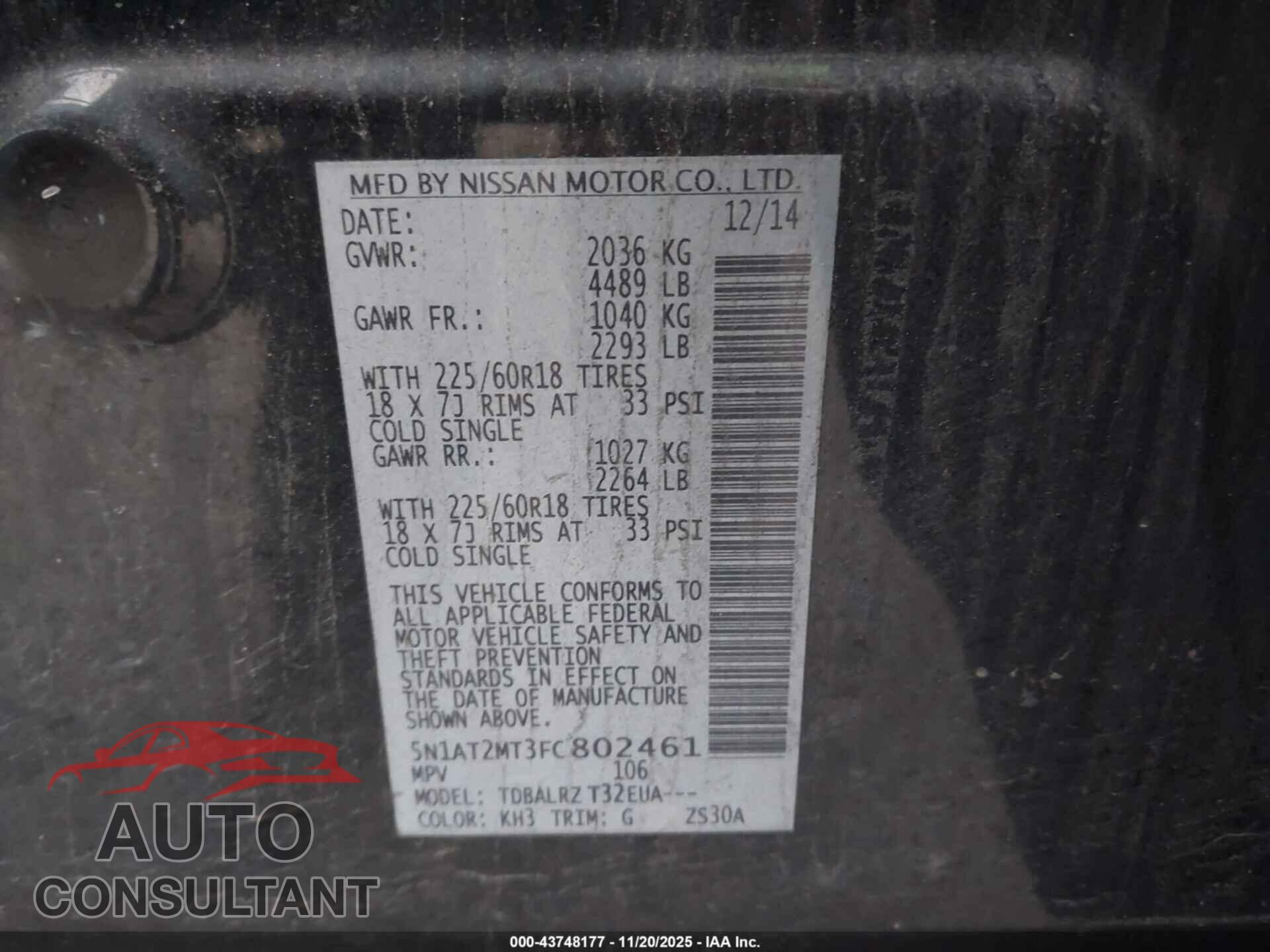 NISSAN ROGUE 2015 - 5N1AT2MT3FC802461