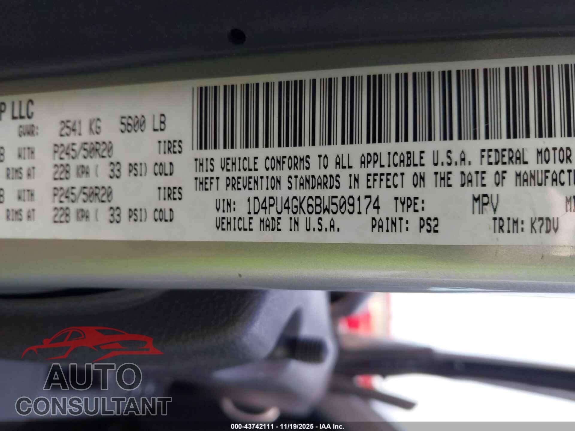 DODGE NITRO 2011 - 1D4PU4GK6BW509174