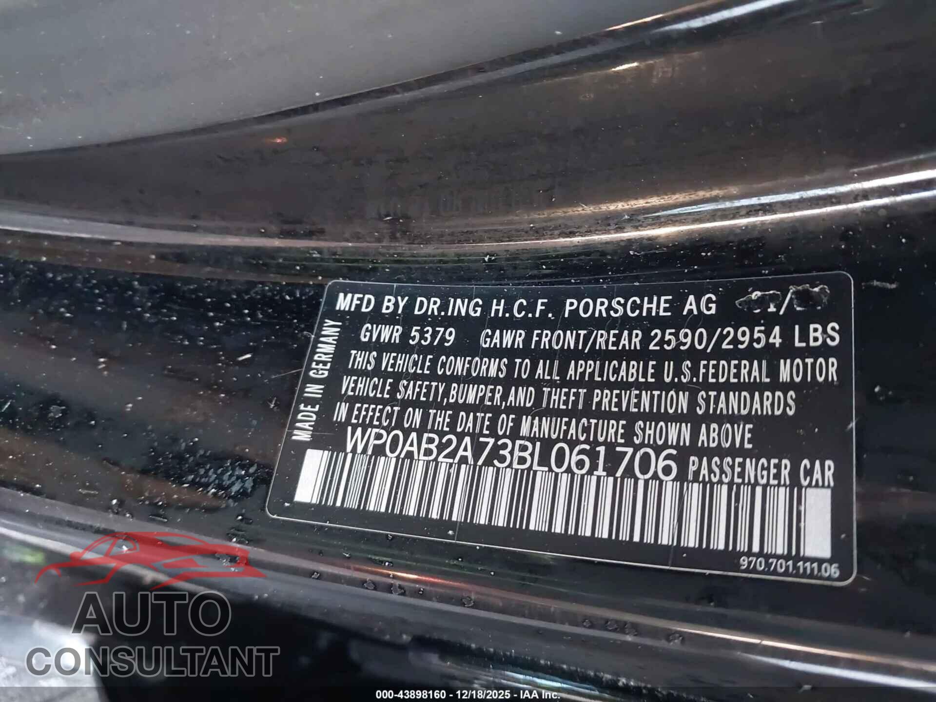 PORSCHE PANAMERA 2011 - WP0AB2A73BL061706