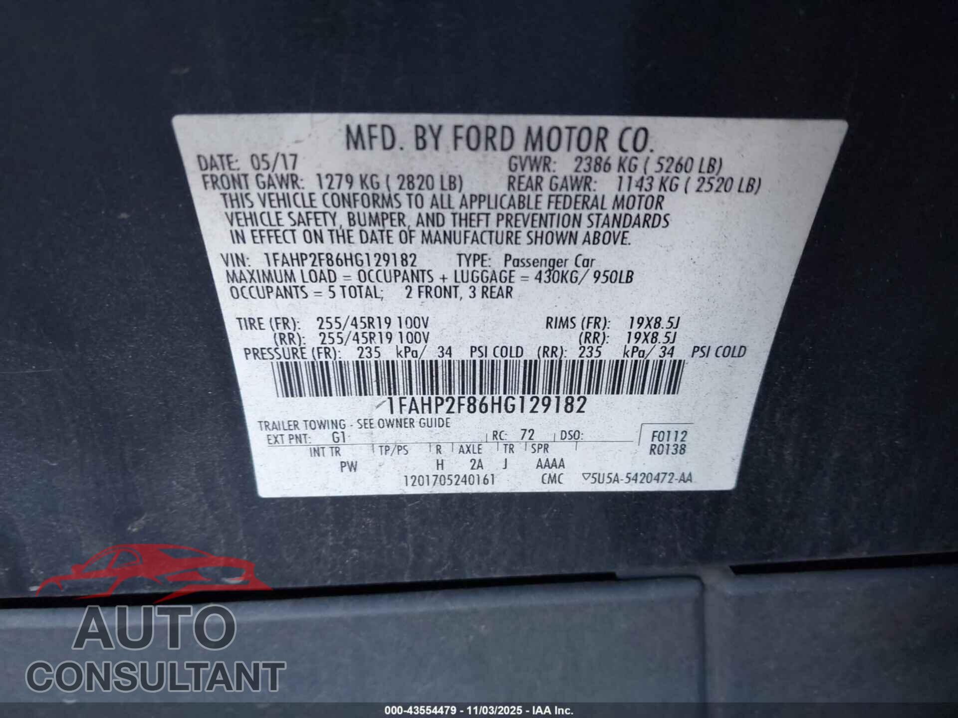 FORD TAURUS 2017 - 1FAHP2F86HG129182