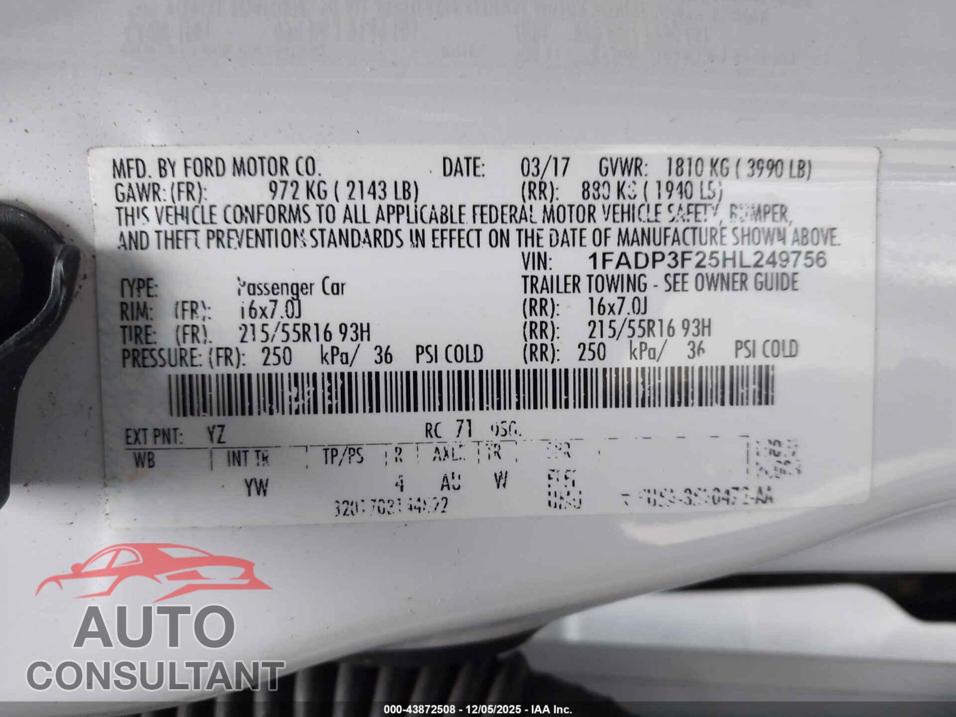 FORD FOCUS 2017 - 1FADP3F25HL249756