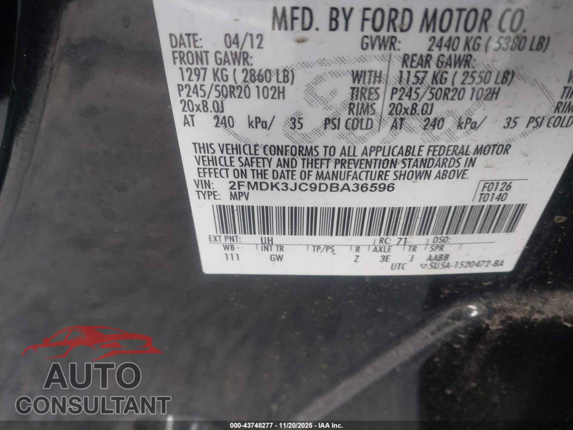 FORD EDGE 2013 - 2FMDK3JC9DBA36596