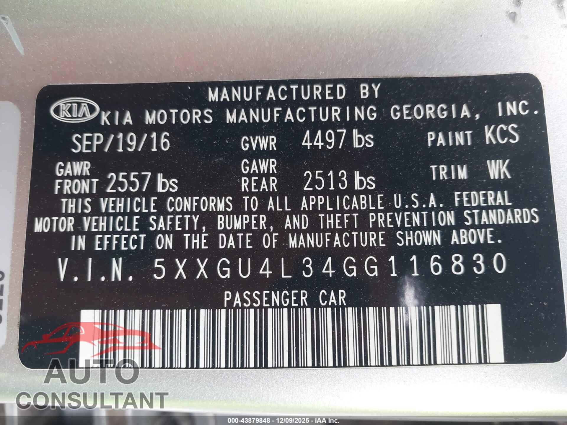 KIA OPTIMA 2016 - 5XXGU4L34GG116830