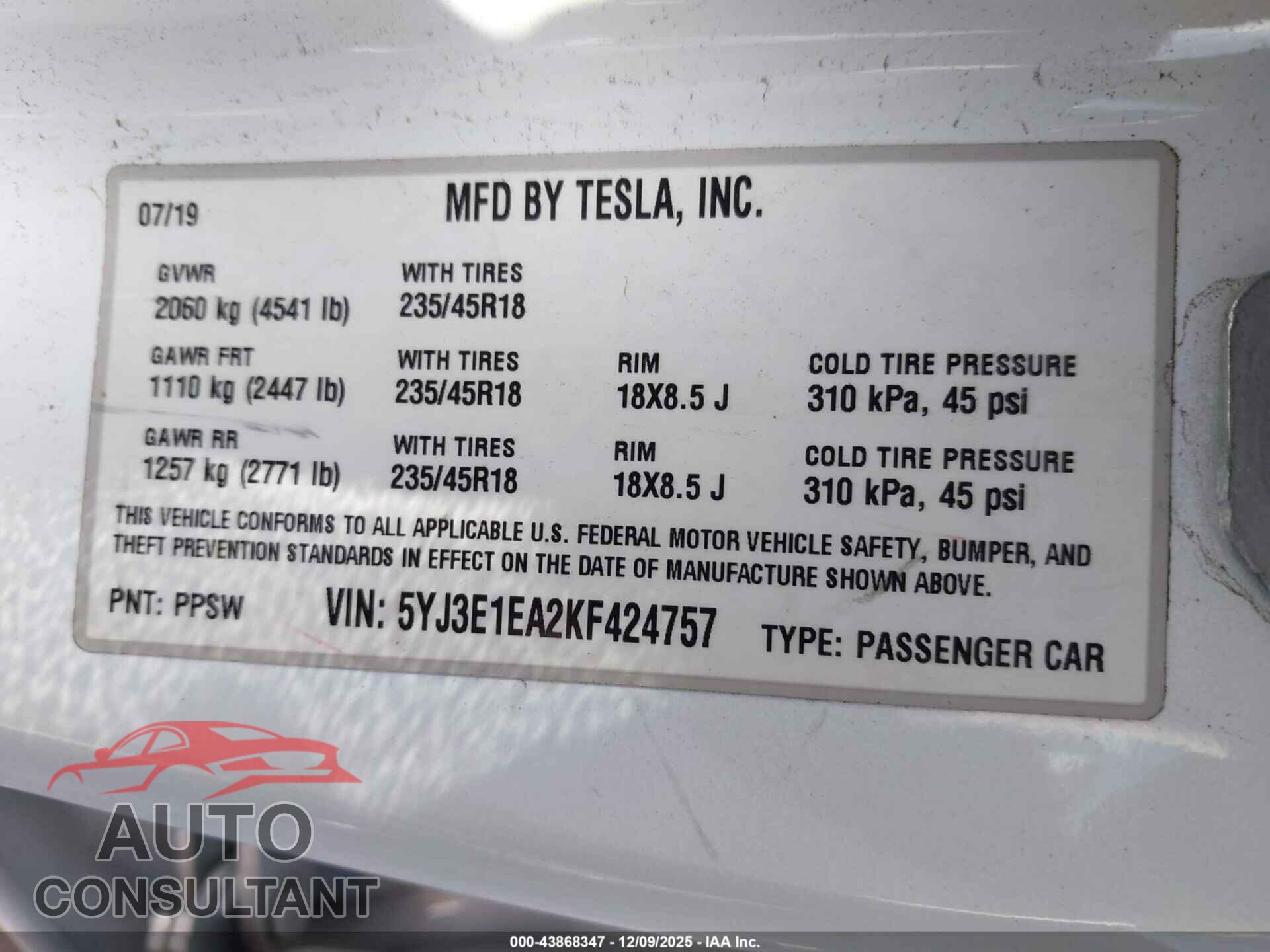 TESLA MODEL 3 2019 - 5YJ3E1EA2KF424757