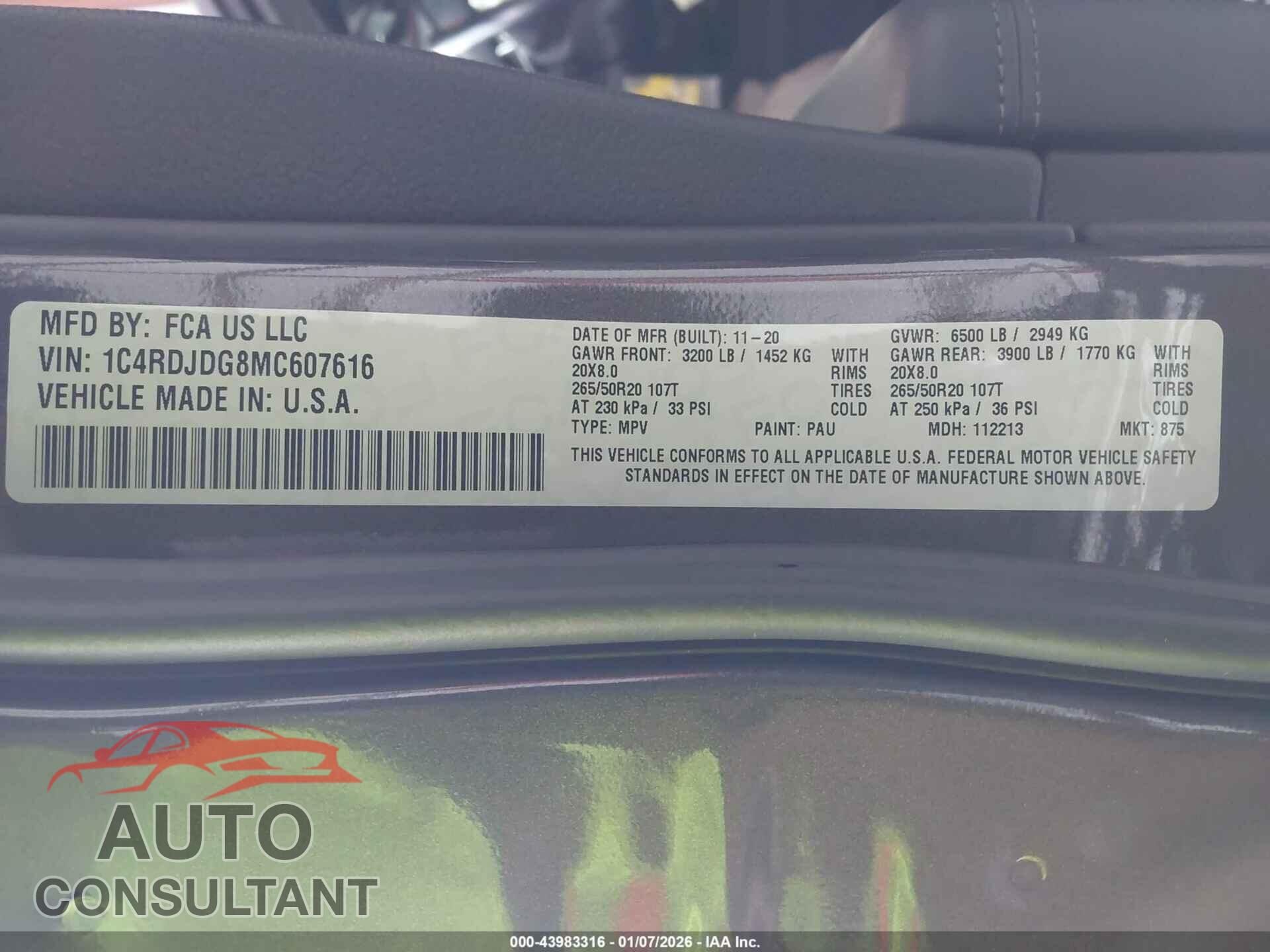DODGE DURANGO 2021 - 1C4RDJDG8MC607616