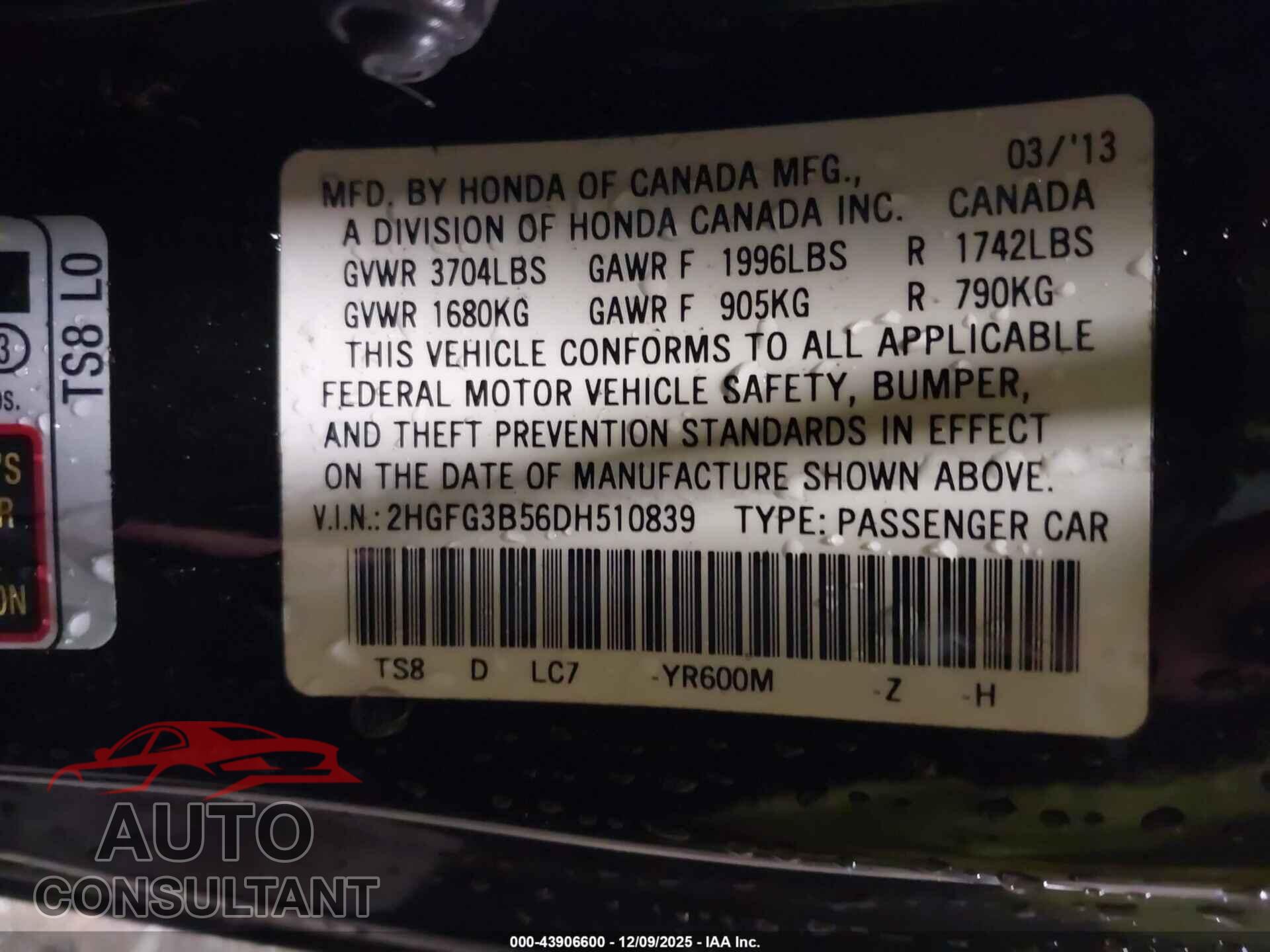 HONDA CIVIC 2013 - 2HGFG3B56DH510839