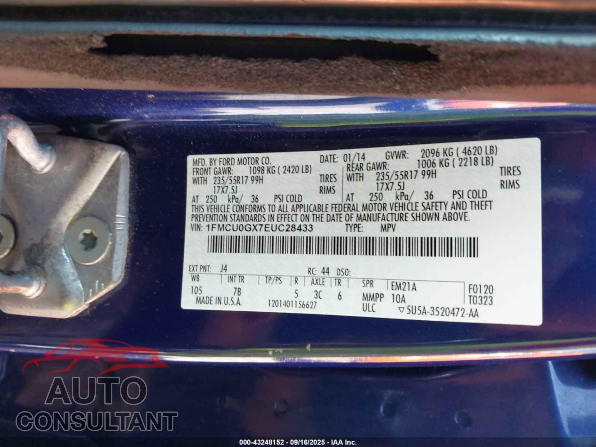 FORD ESCAPE 2014 - 1FMCU0GX7EUC28433