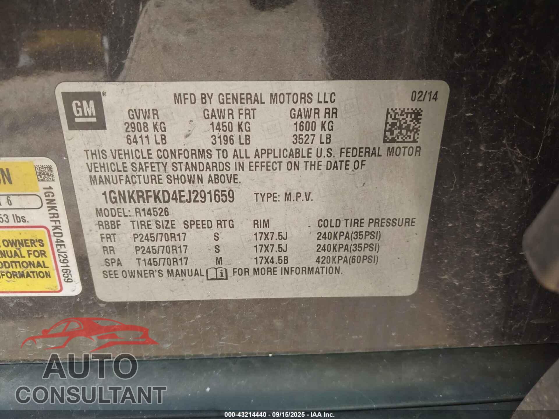 CHEVROLET TRAVERSE 2014 - 1GNKRFKD4EJ291659