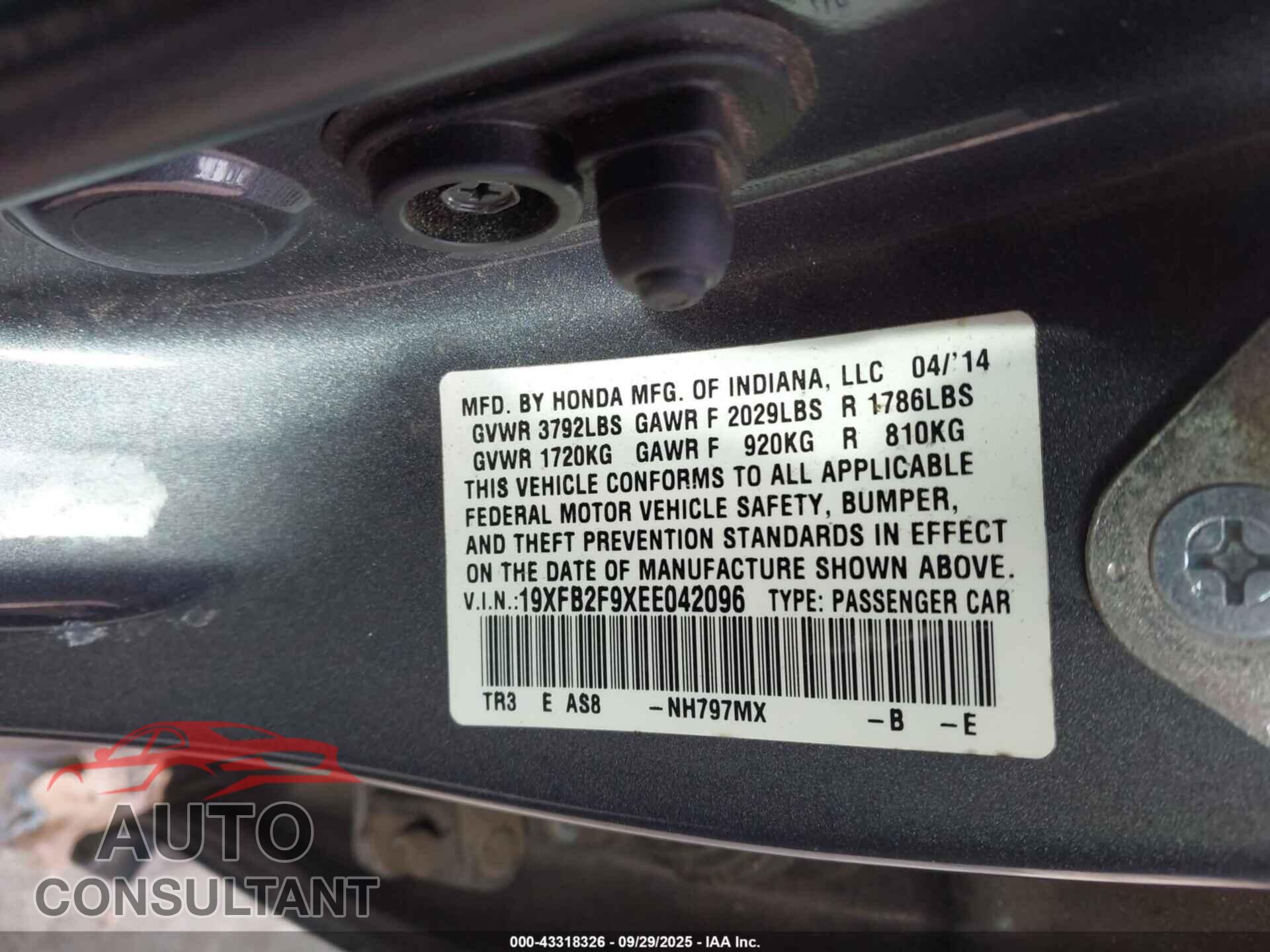 HONDA CIVIC 2014 - 19XFB2F9XEE042096