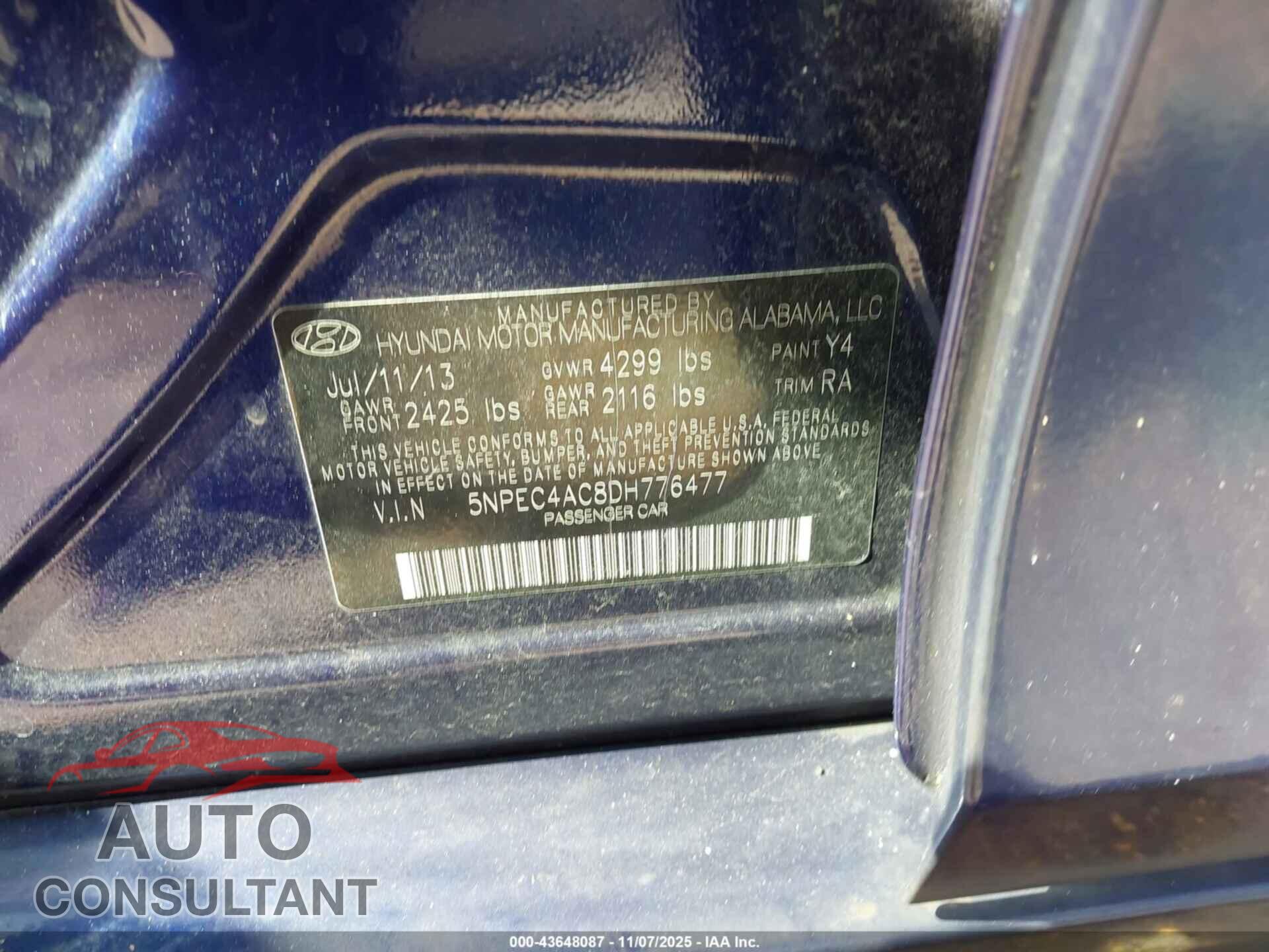 HYUNDAI SONATA 2013 - 5NPEC4AC8DH776477