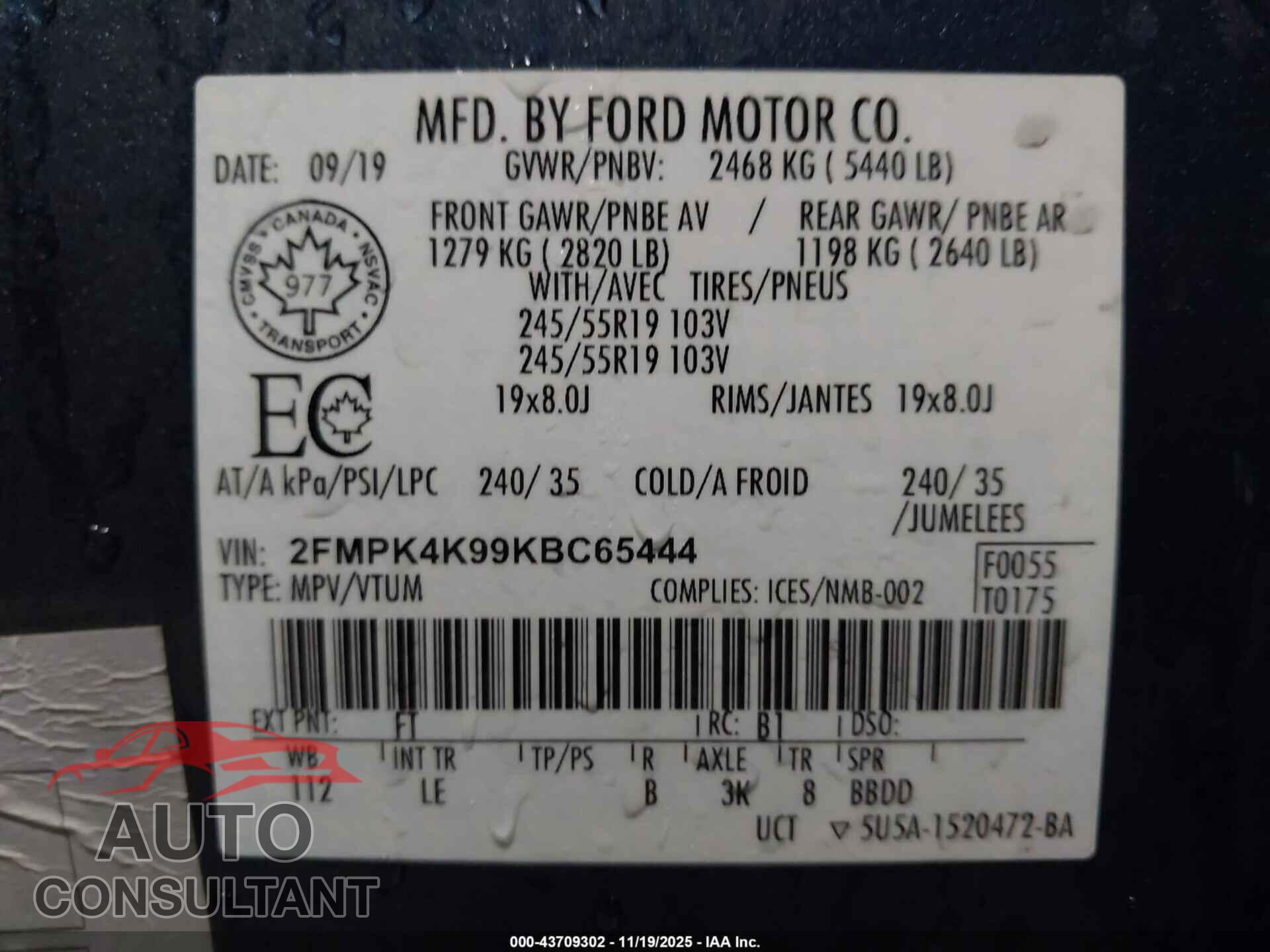 FORD EDGE 2019 - 2FMPK4K99KBC65444