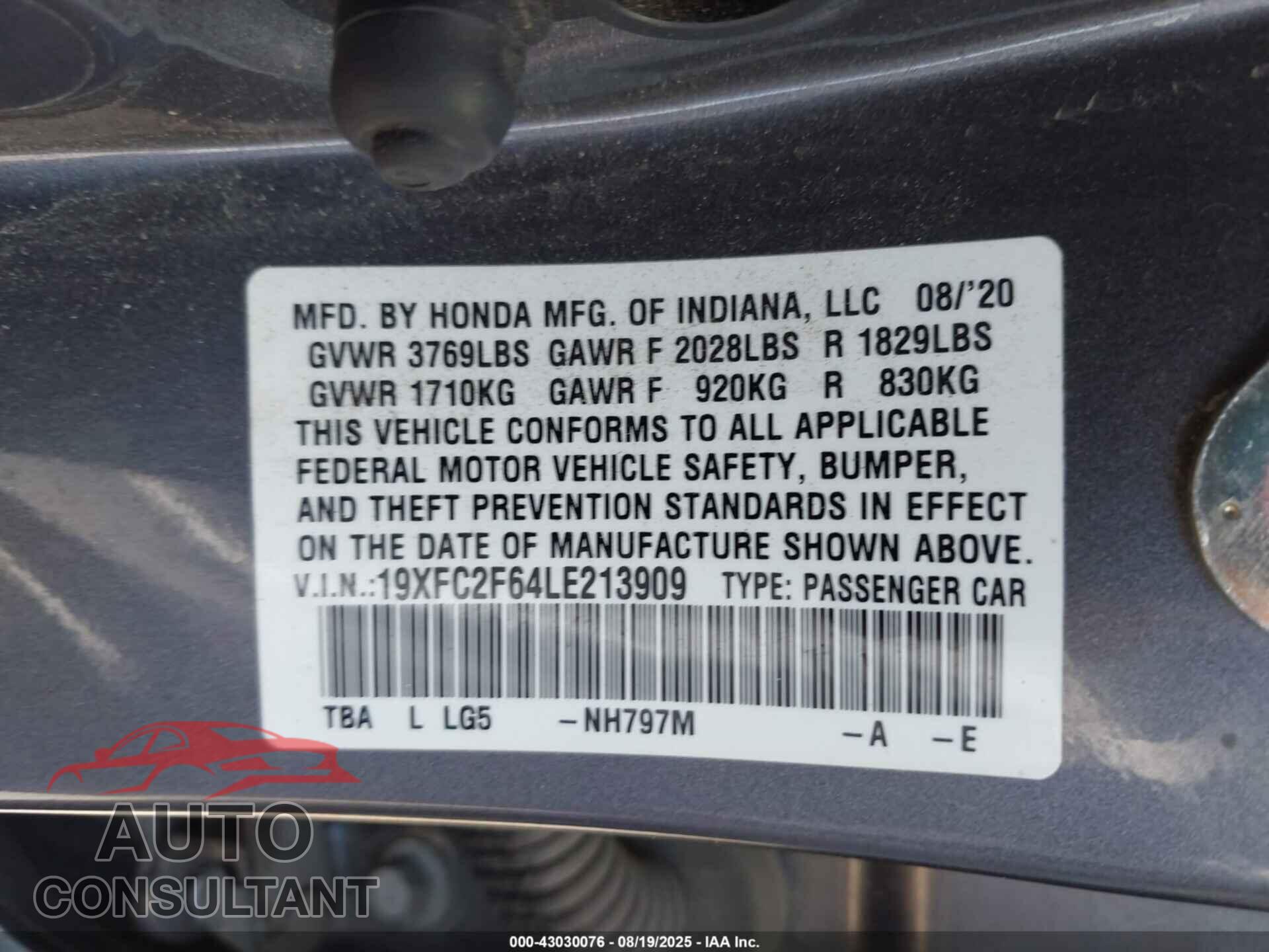 HONDA CIVIC 2020 - 19XFC2F64LE213909