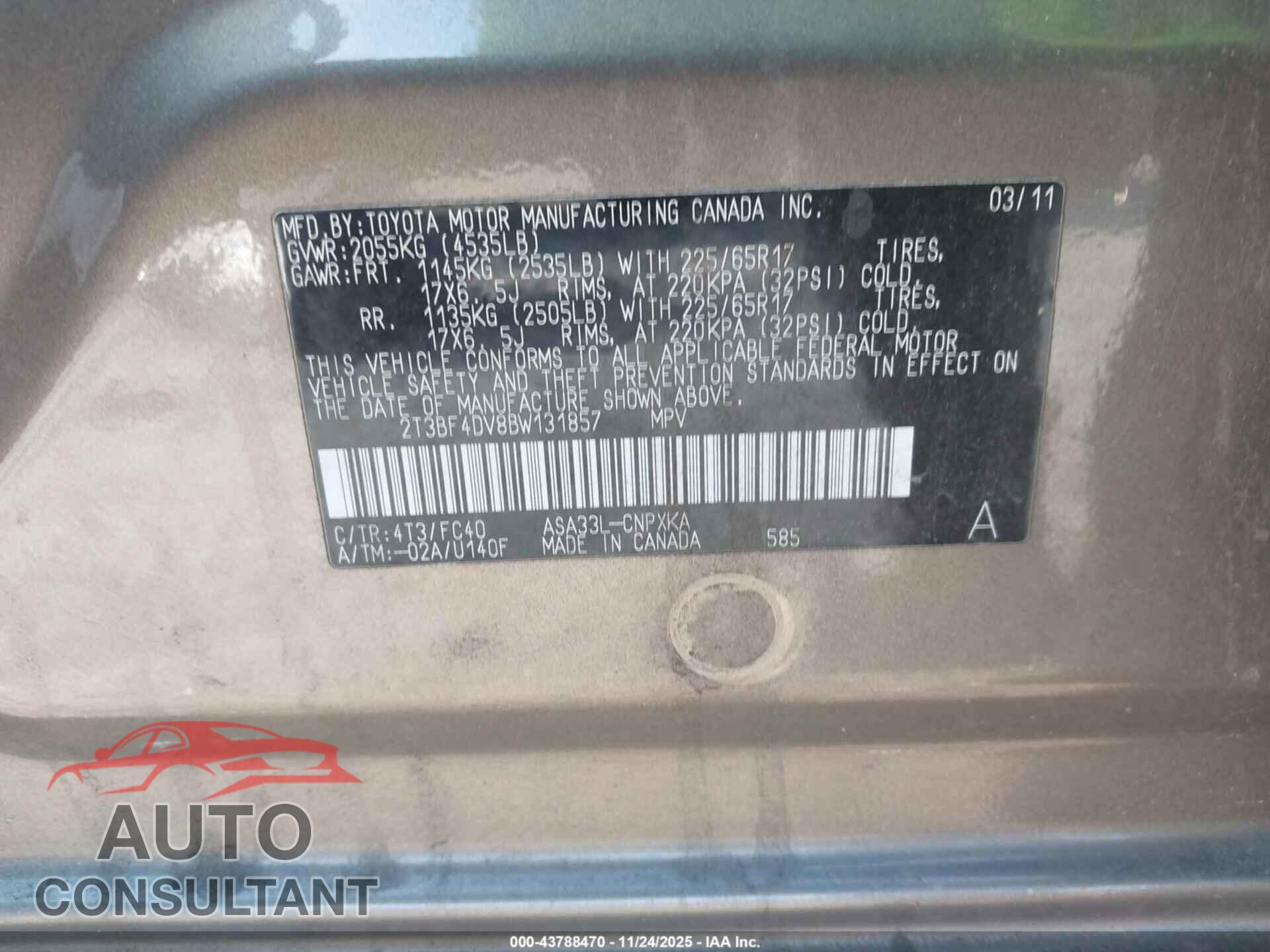 TOYOTA RAV4 2011 - 2T3BF4DV8BW131857
