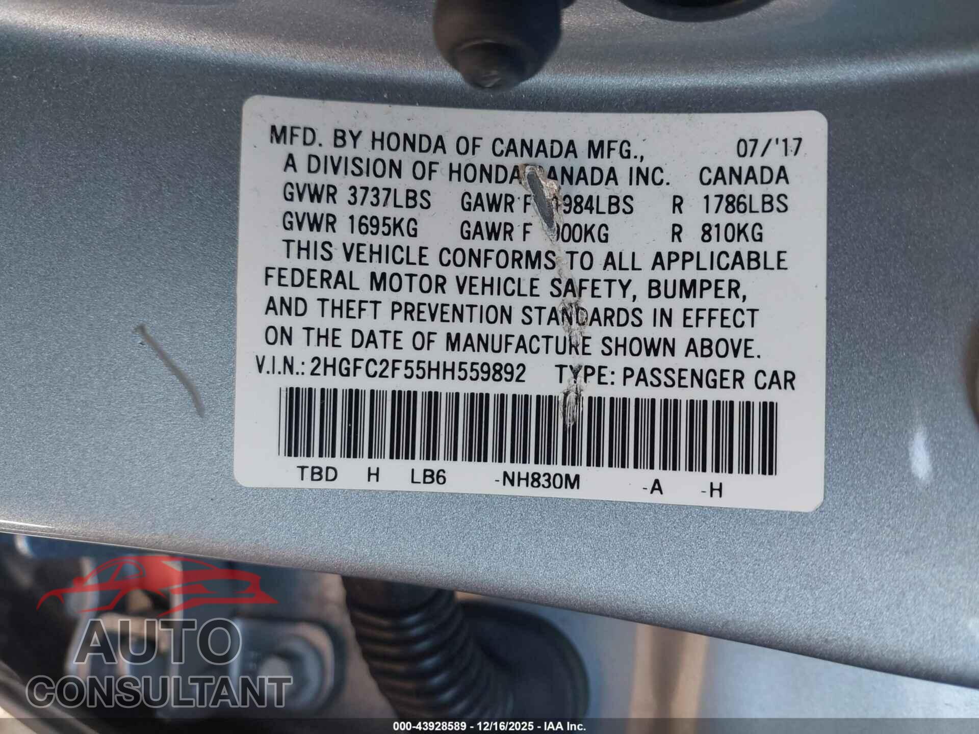 HONDA CIVIC 2017 - 2HGFC2F55HH559892