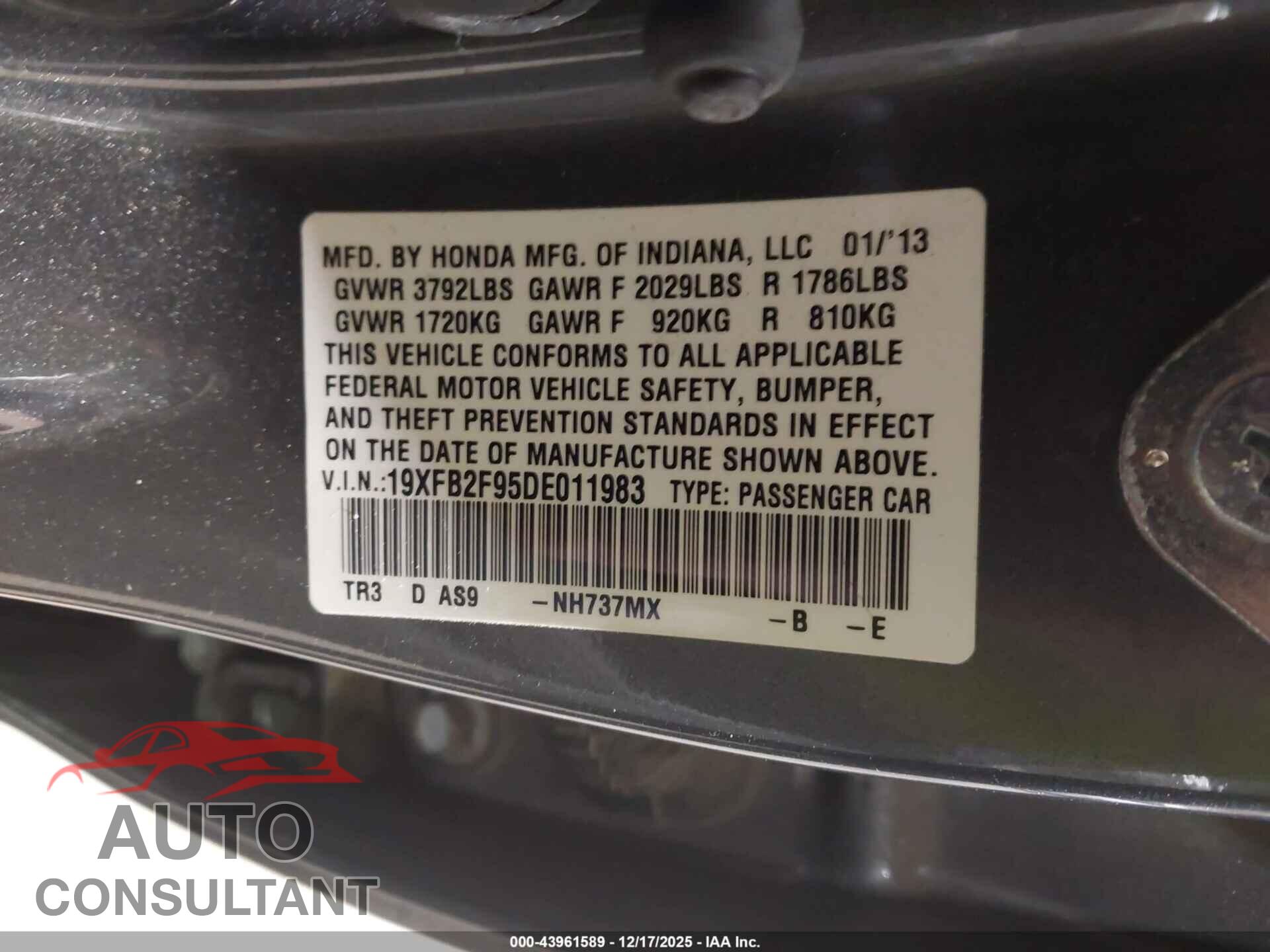 HONDA CIVIC 2013 - 19XFB2F95DE011983