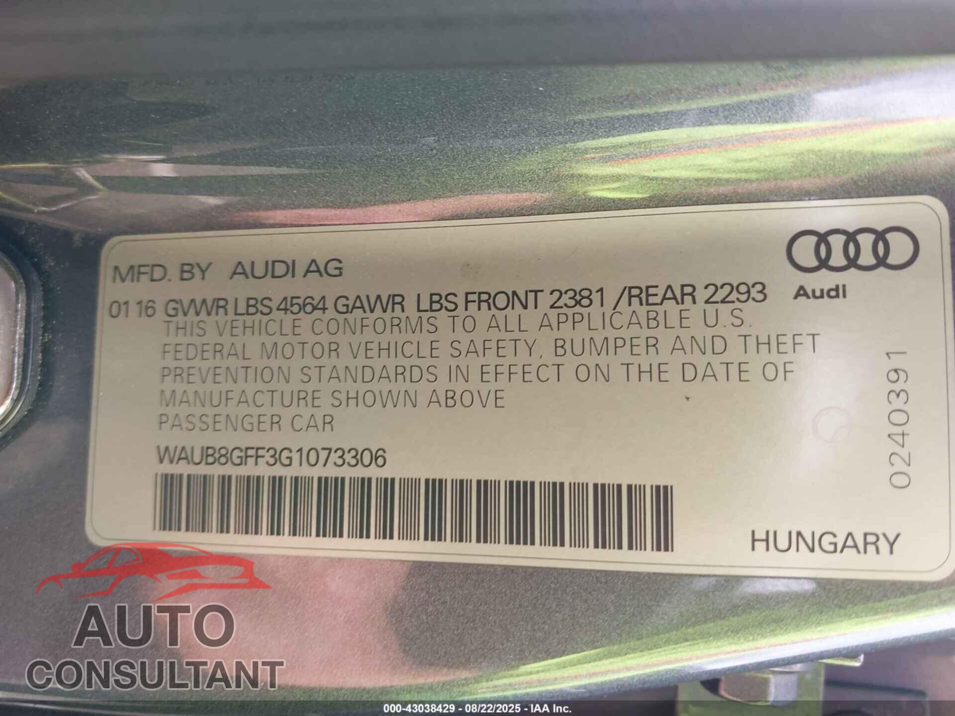 AUDI A3 2016 - WAUB8GFF3G1073306