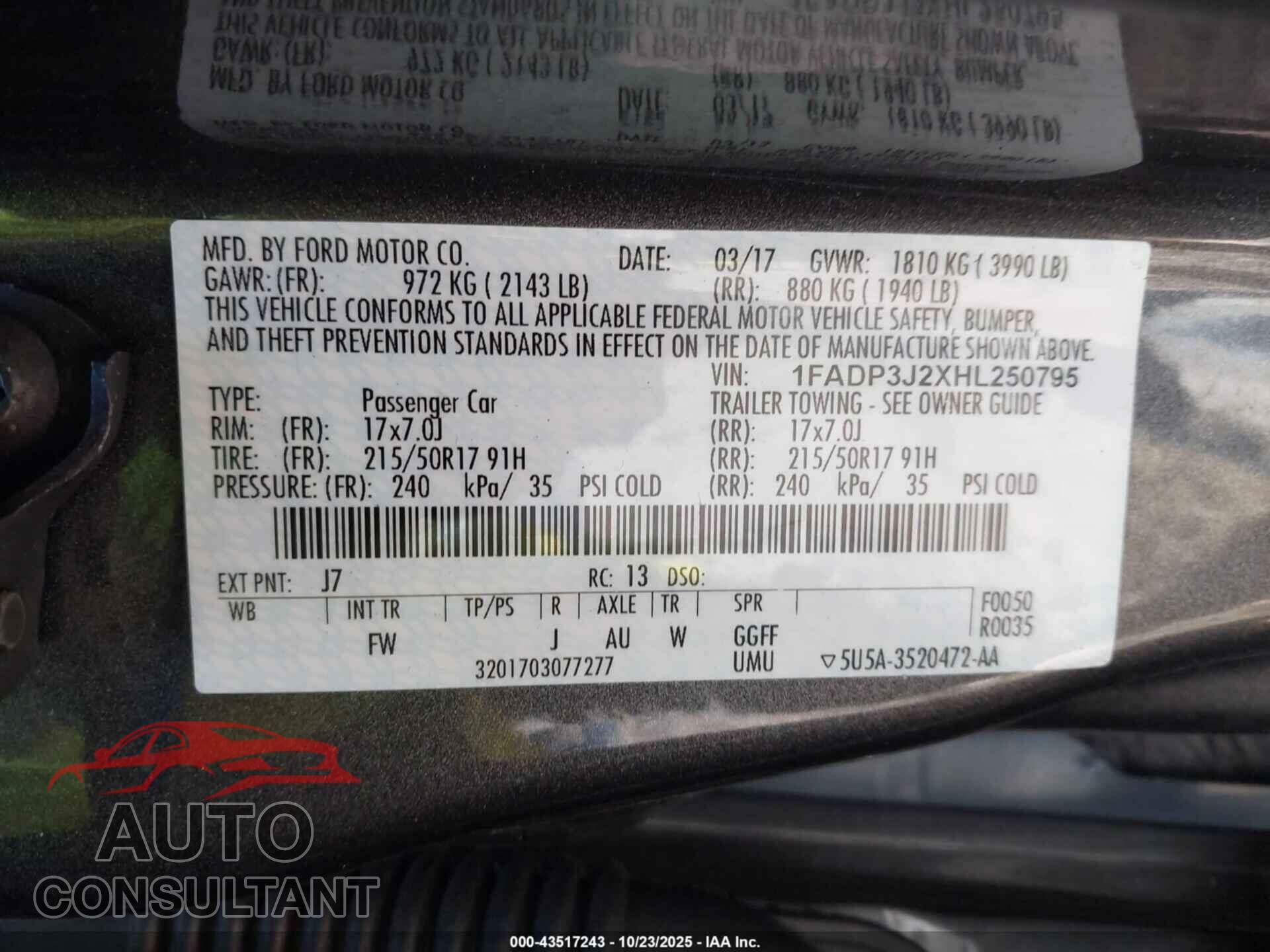 FORD FOCUS 2017 - 1FADP3J2XHL250795